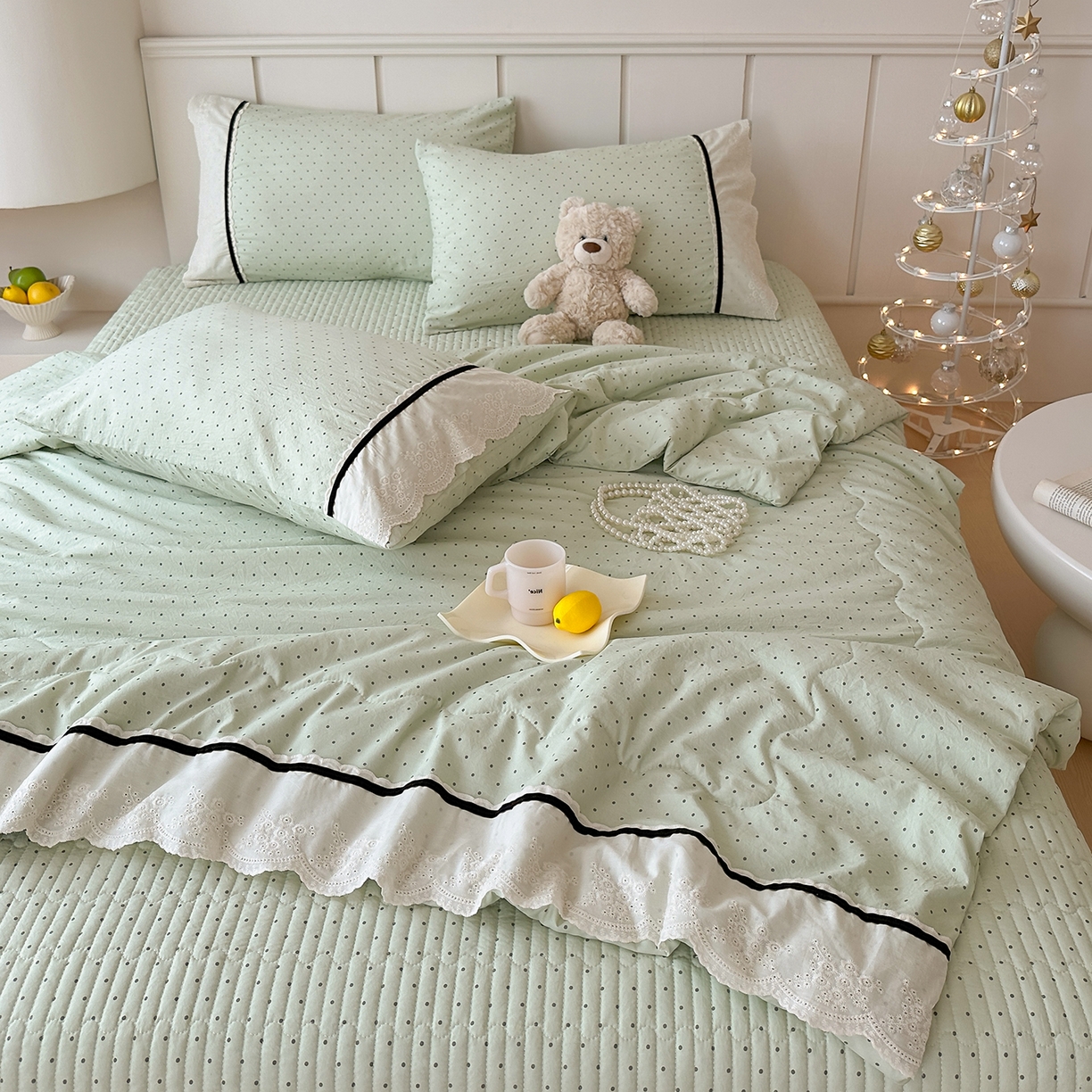 91家纺网 家纺一手货源 找家纺 元熙 2026新款古法水洗棉韩风波点床盖夏被四件套 绿波点