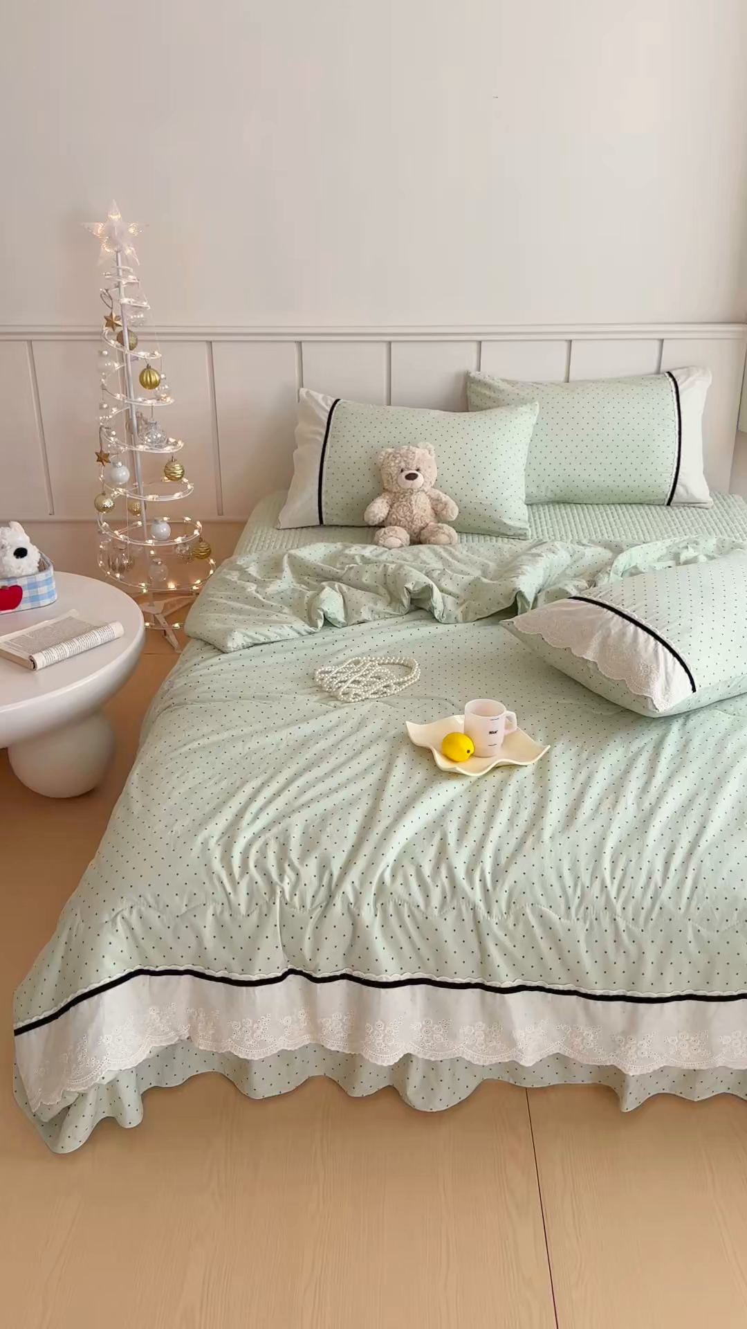 91家纺网 家纺一手货源 找家纺 元熙 2026新款古法水洗棉韩风波点床盖夏被四件套 绿波点