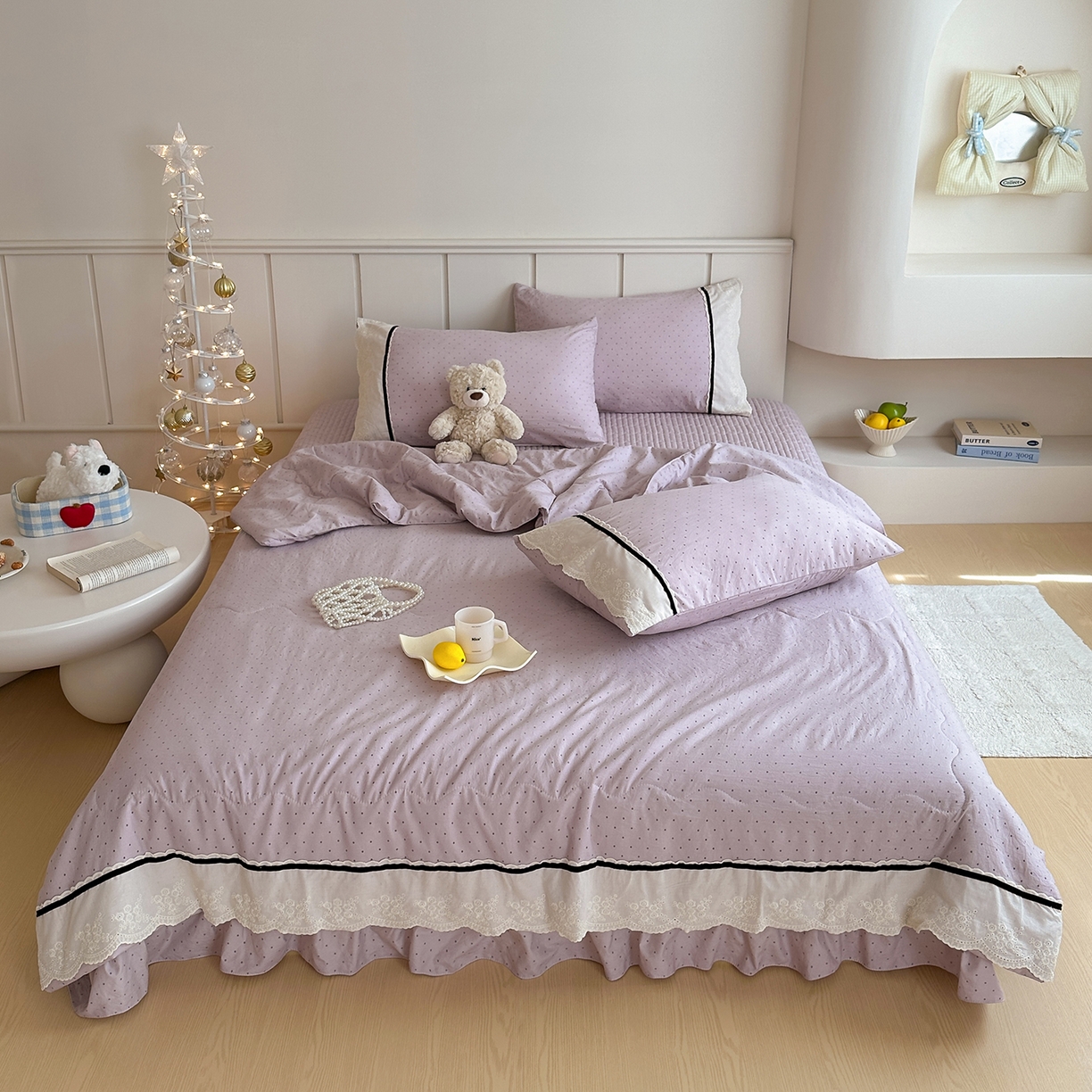 91家纺网 家纺一手货源 找家纺 元熙 2026新款古法水洗棉韩风波点床盖夏被四件套 紫波点