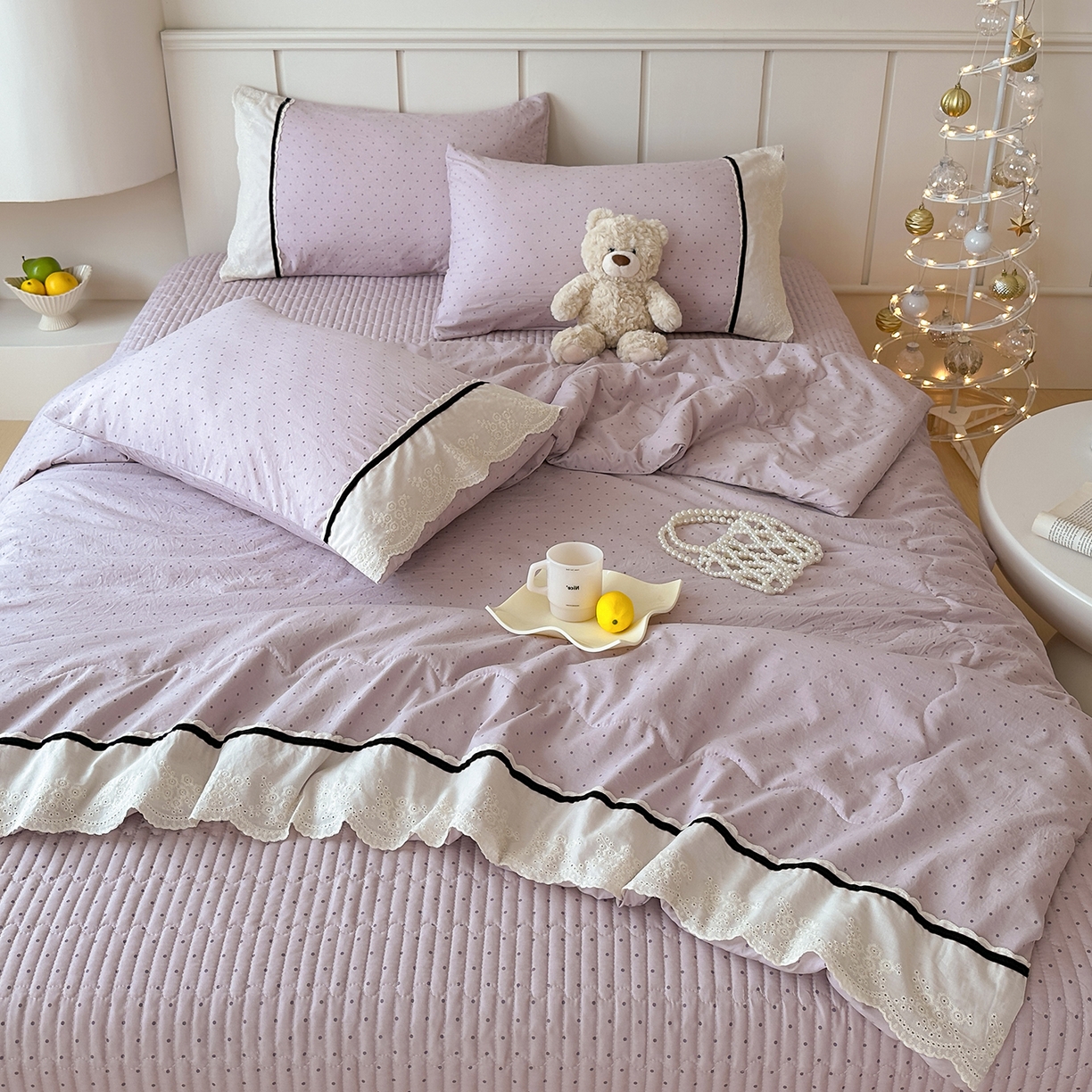 91家纺网 家纺一手货源 找家纺 元熙 2026新款古法水洗棉韩风波点床盖夏被四件套 紫波点