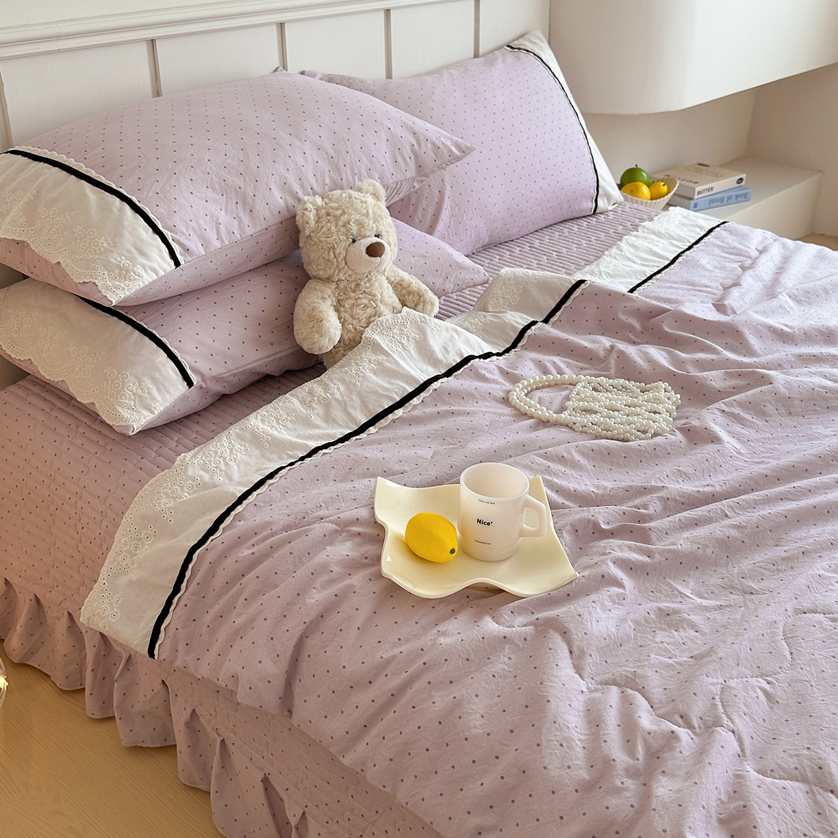 91家纺网 家纺一手货源 找家纺 元熙 2026新款古法水洗棉韩风波点床盖夏被四件套 紫波点