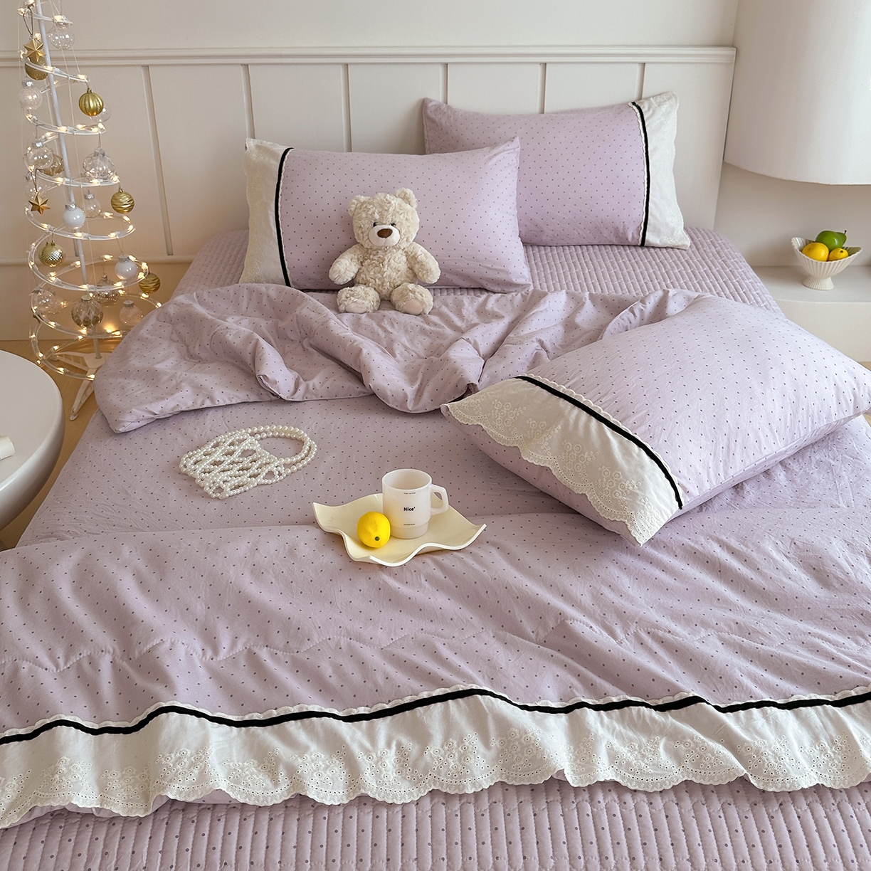 91家纺网 家纺一手货源 找家纺 元熙 2026新款古法水洗棉韩风波点床盖夏被四件套 紫波点