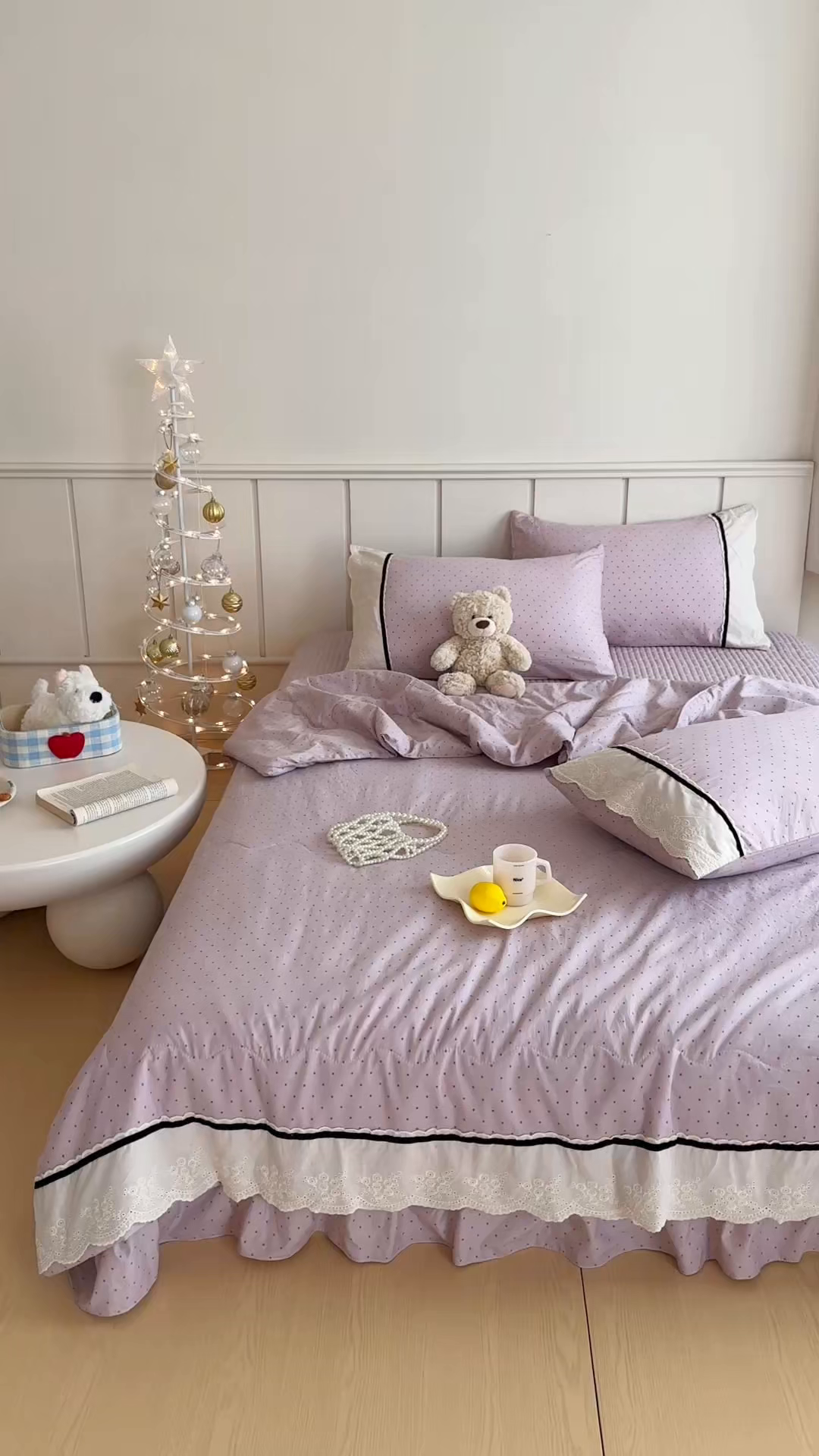 91家纺网 家纺一手货源 找家纺 元熙 2026新款古法水洗棉韩风波点床盖夏被四件套 紫波点