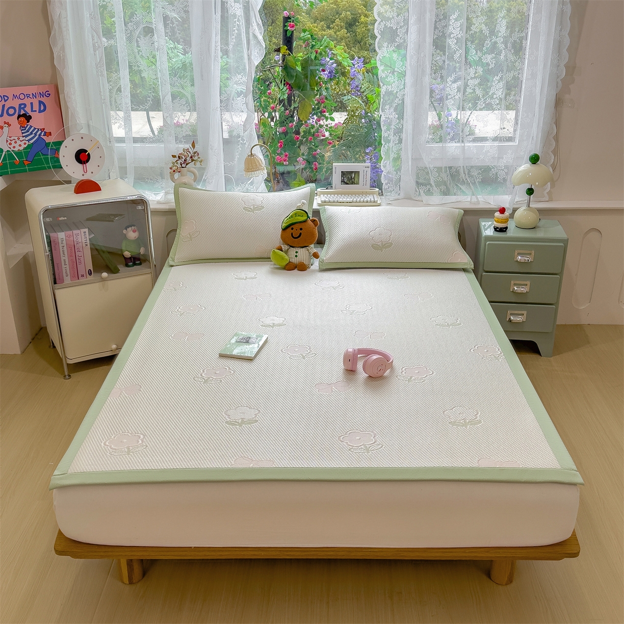 91家纺网 家纺一手货源 找家纺 雯豆家纺 2026新款PE中分子凉感凉席条席三件套加厚三明治款复合卡通提花凉席 PE提花凉席-郁金香