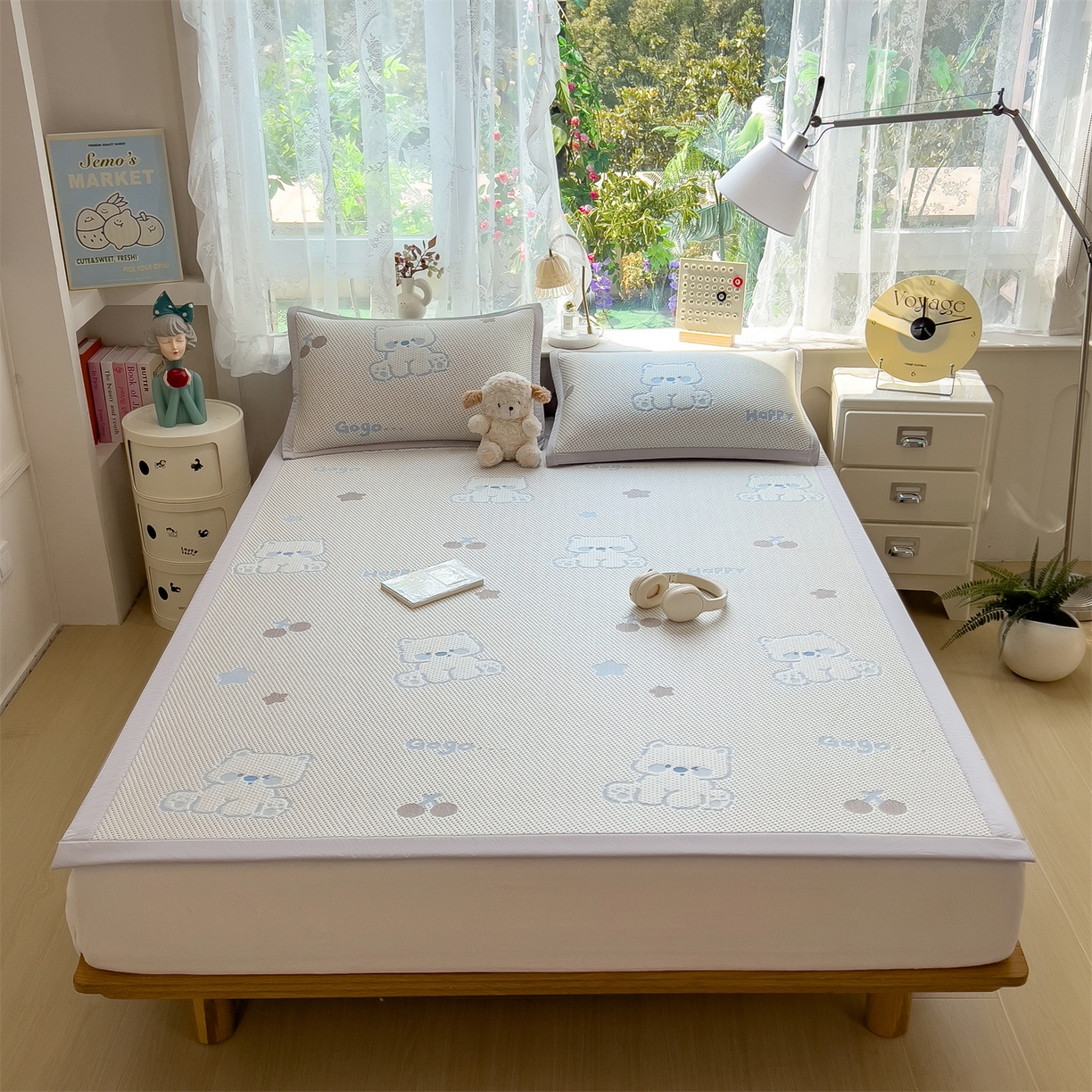 91家纺网 家纺一手货源 找家纺 雯豆家纺 2026新款PE中分子凉感凉席条席三件套加厚三明治款复合卡通提花凉席 PE提花凉席-奶萌狗