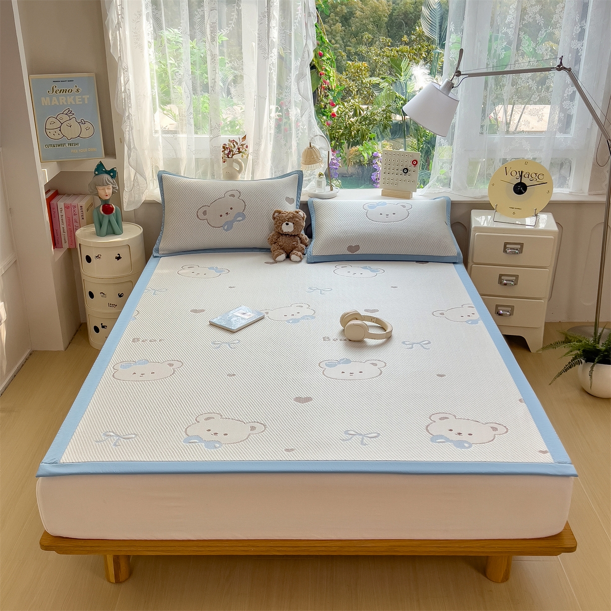 91家纺网 家纺一手货源 找家纺 雯豆家纺 2026新款PE中分子凉感凉席条席三件套加厚三明治款复合卡通提花凉席 PE提花凉席-领带熊