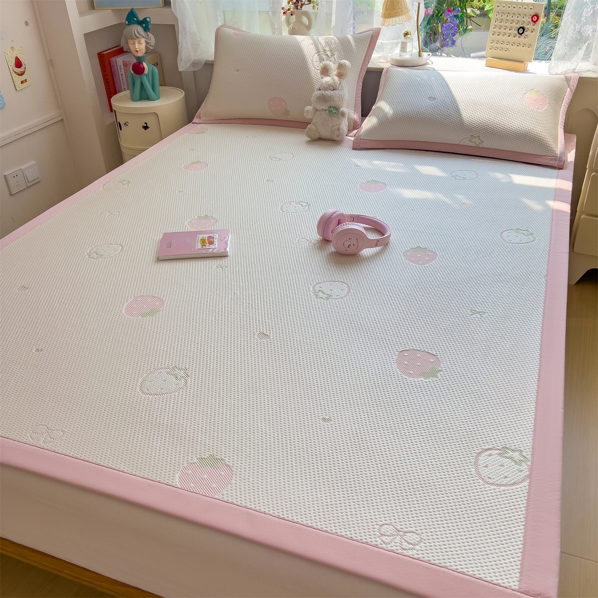 91家纺网 家纺一手货源 找家纺 雯豆家纺 2026新款PE中分子凉感凉席条席三件套加厚三明治款复合卡通提花凉席 PE提花凉席-甜心草莓