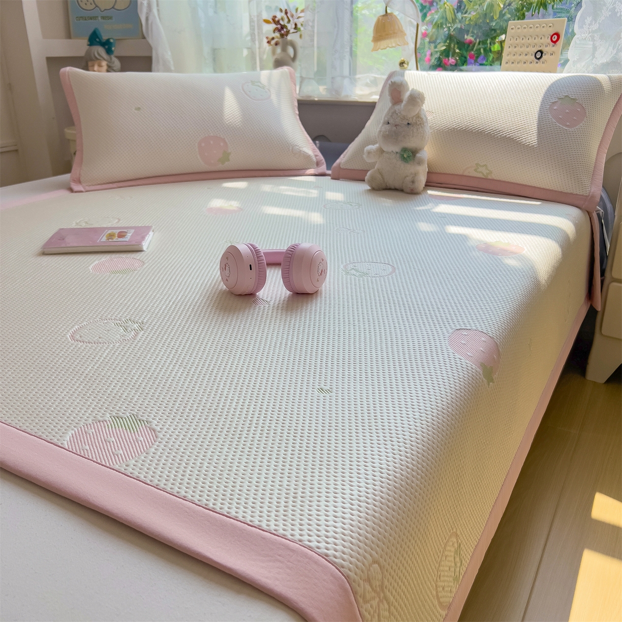 91家纺网 家纺一手货源 找家纺 雯豆家纺 2026新款PE中分子凉感凉席条席三件套加厚三明治款复合卡通提花凉席 PE提花凉席-甜心草莓