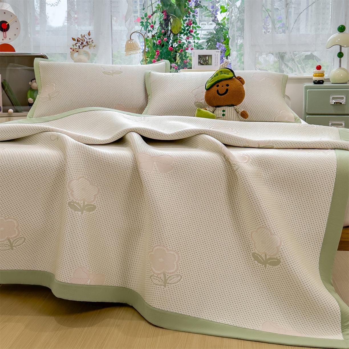 91家纺网 家纺一手货源 找家纺 雯豆家纺 2026新款PE中分子凉感凉席条席三件套加厚三明治款复合卡通提花凉席 PE提花凉席-郁金香