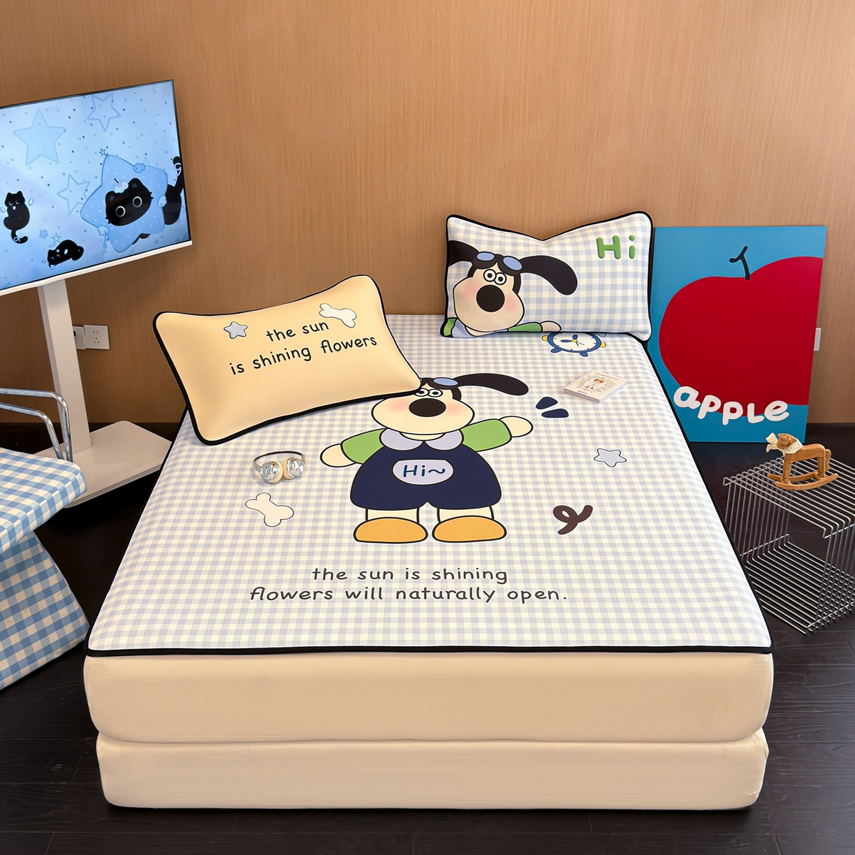 91家纺网 家纺一手货源 找家纺 懒猫家纺 2026新款大版卡通云感果冻床席床笠凉席 蓝格小狗-床席款