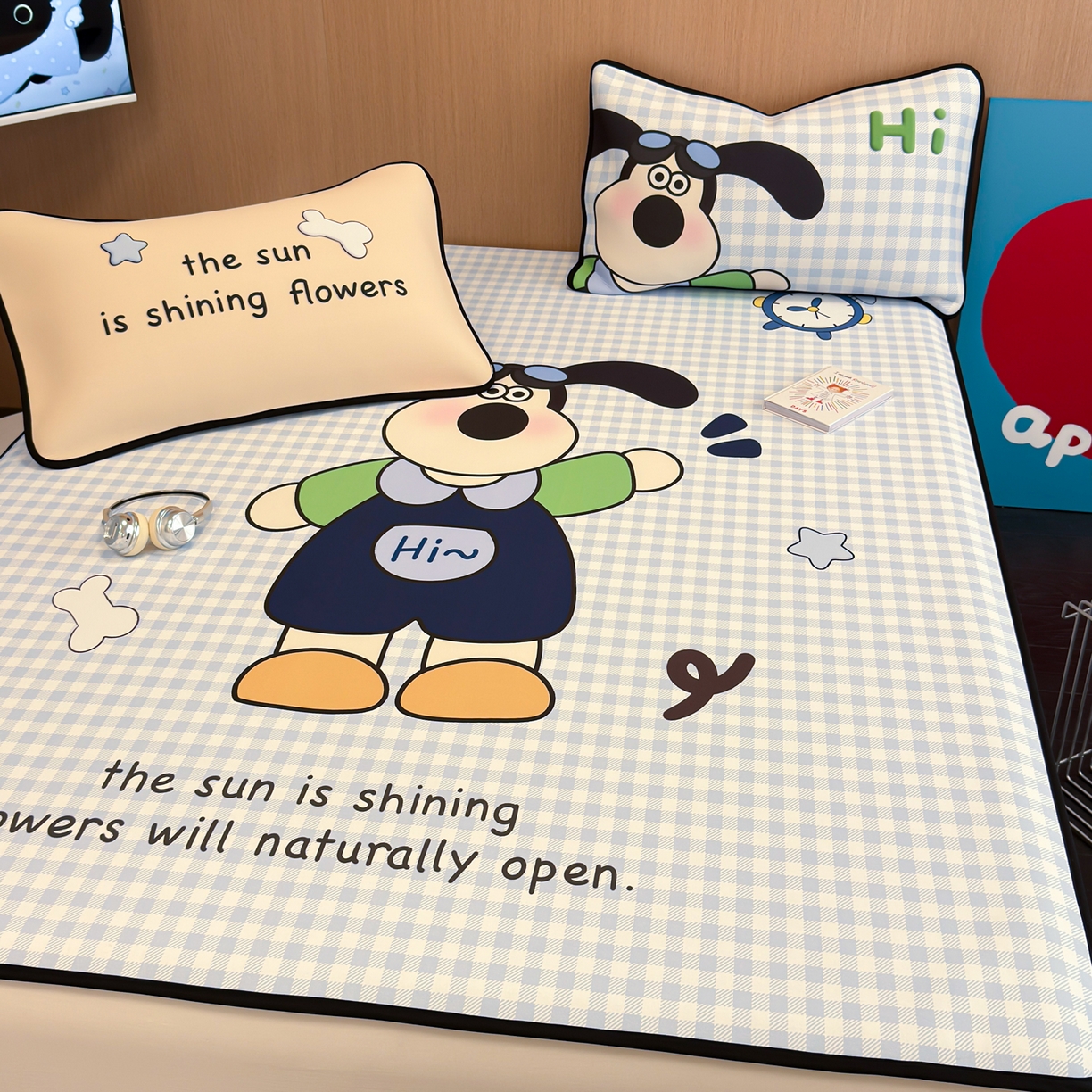 91家纺网 家纺一手货源 找家纺 懒猫家纺 2026新款大版卡通云感果冻床席床笠凉席 蓝格小狗-床席款