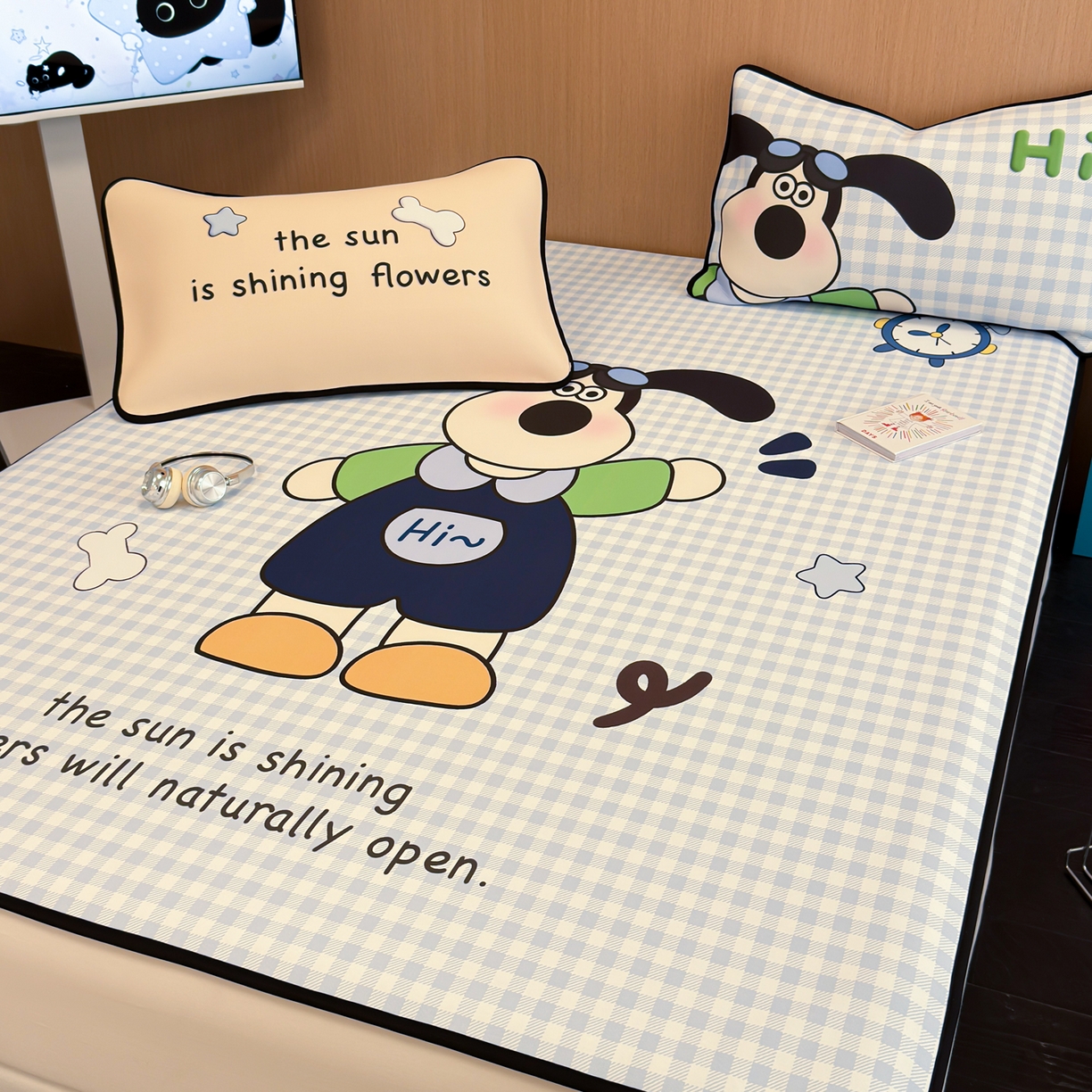 91家纺网 家纺一手货源 找家纺 懒猫家纺 2026新款大版卡通云感果冻床席床笠凉席 蓝格小狗-床席款