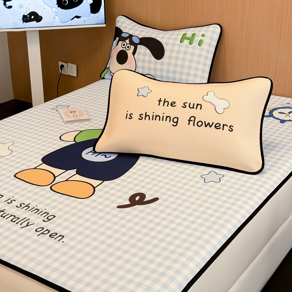 91家纺网 家纺一手货源 找家纺 懒猫家纺 2026新款大版卡通云感果冻床席床笠凉席 蓝格小狗-床席款