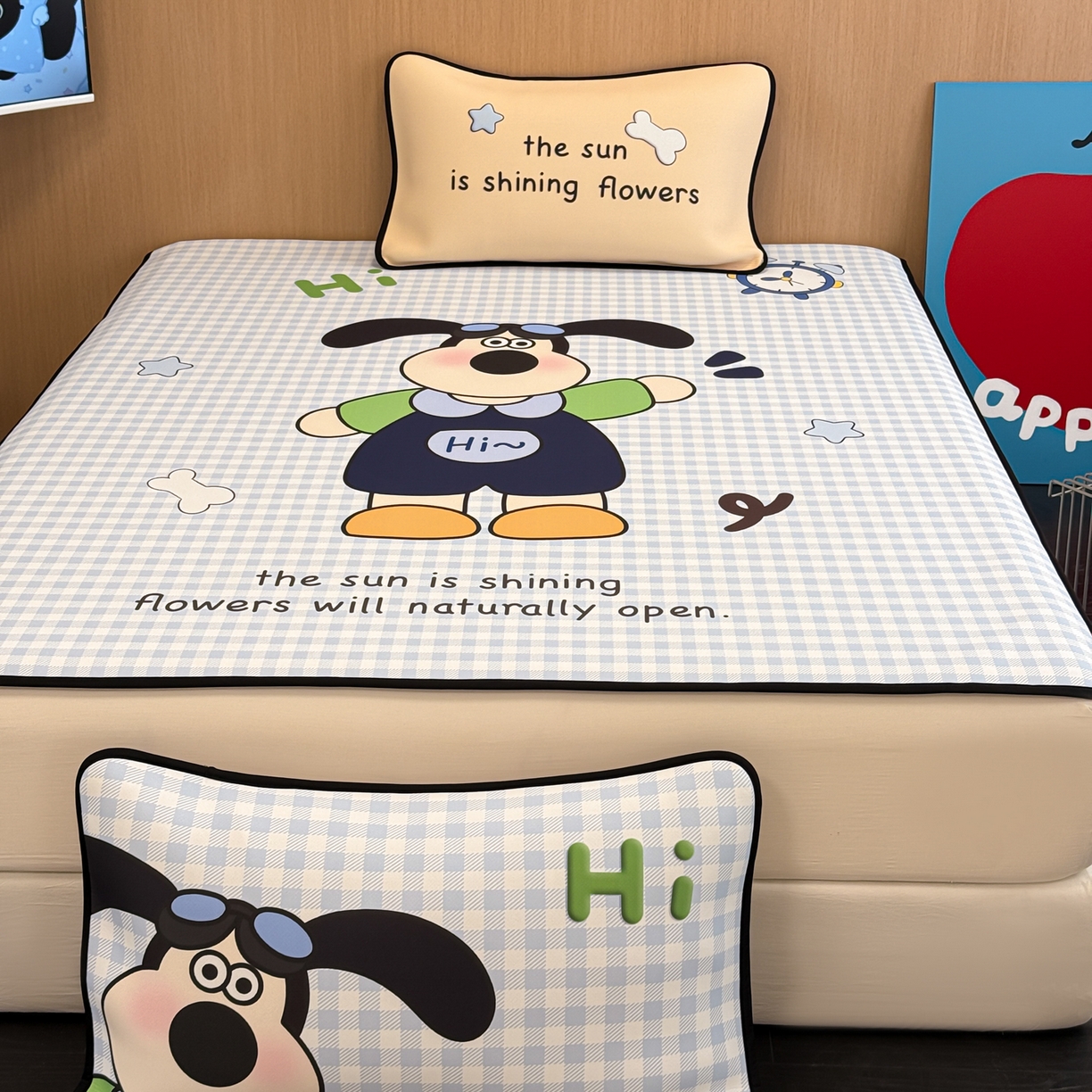 91家纺网 家纺一手货源 找家纺 懒猫家纺 2026新款大版卡通云感果冻床席床笠凉席 蓝格小狗-床席款