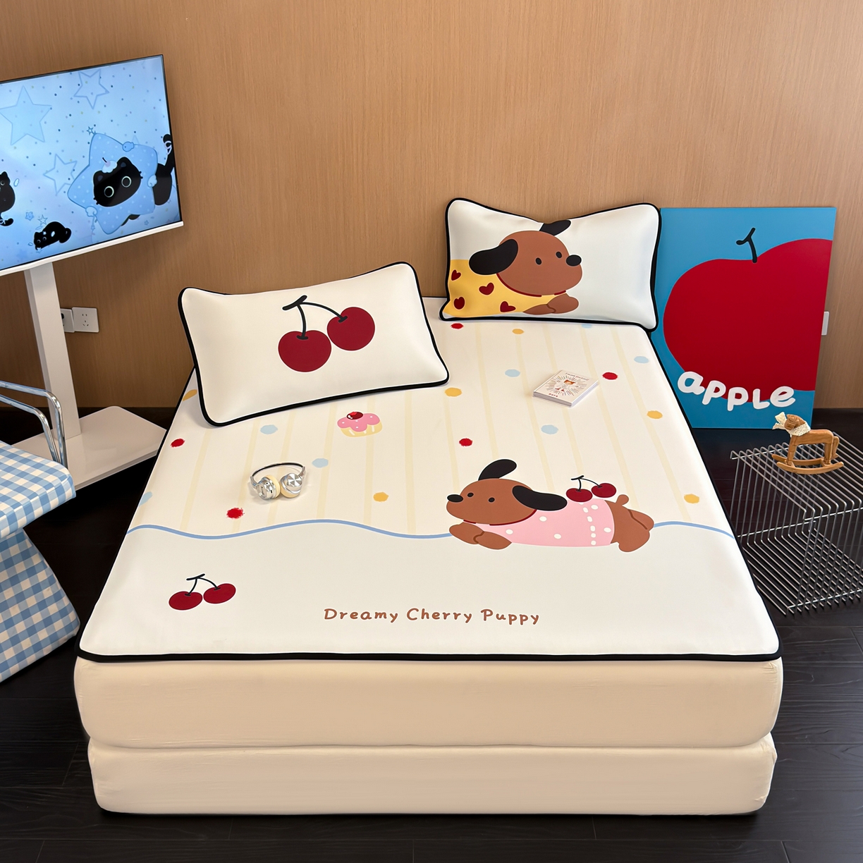 91家纺网 家纺一手货源 找家纺 懒猫家纺 2026新款大版卡通云感果冻床席床笠凉席 糖豆狗狗-床席款