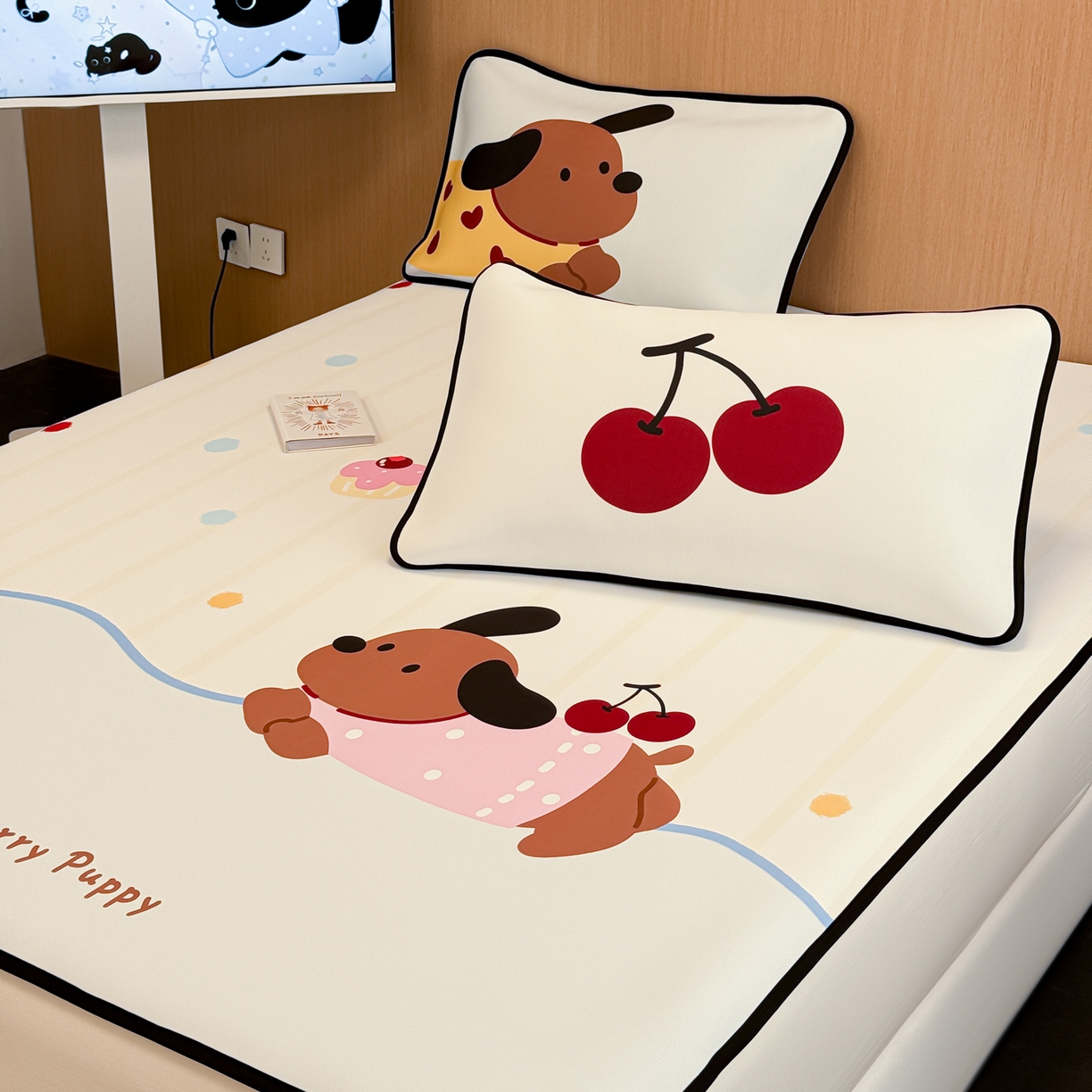 91家纺网 家纺一手货源 找家纺 懒猫家纺 2026新款大版卡通云感果冻床席床笠凉席 糖豆狗狗-床席款