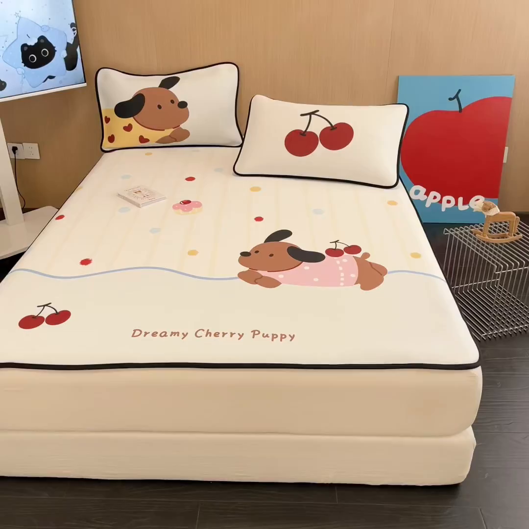 91家纺网 家纺一手货源 找家纺 懒猫家纺 2026新款大版卡通云感果冻床席床笠凉席 糖豆狗狗-床席款