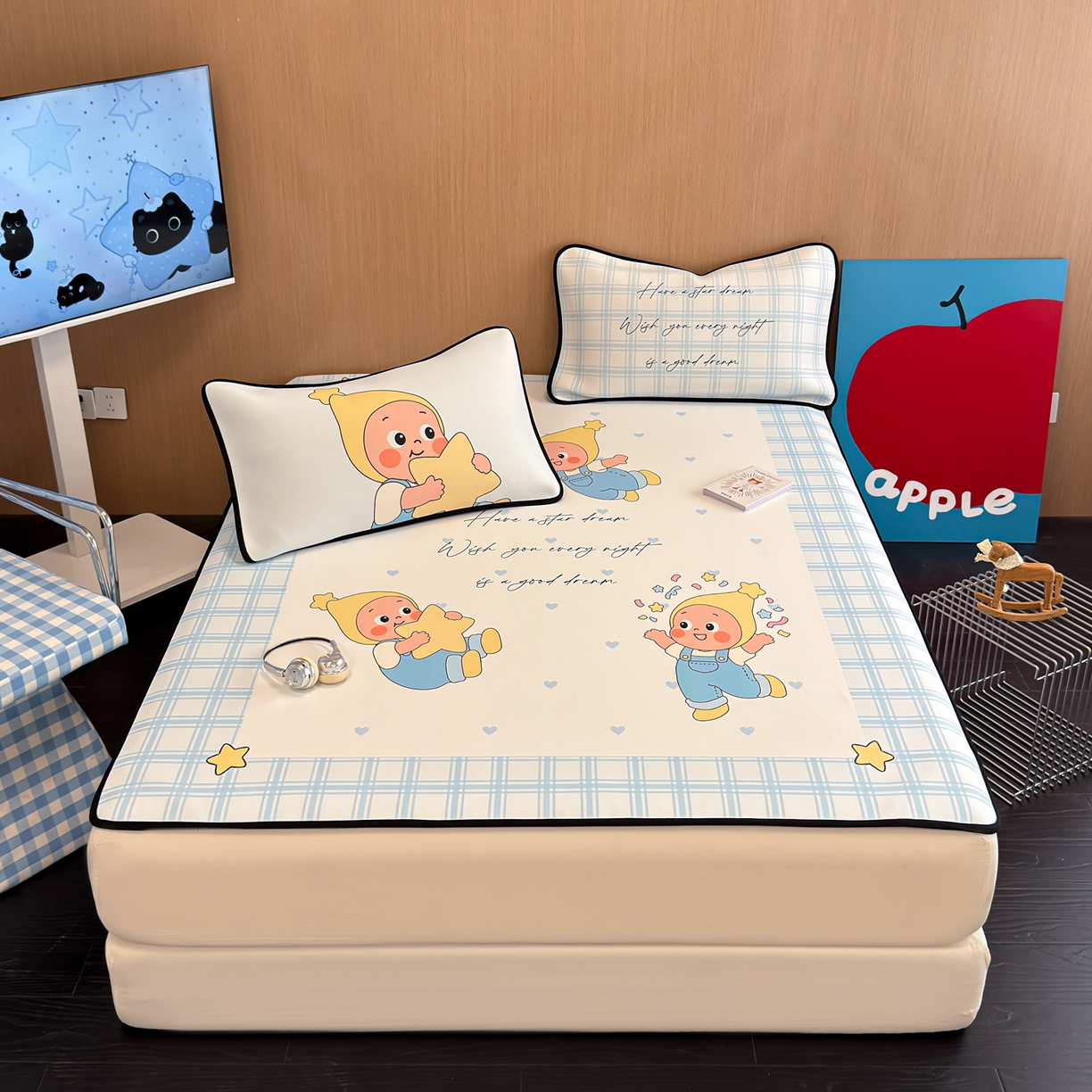 91家纺网 家纺一手货源 找家纺 懒猫家纺 2026新款大版卡通云感果冻床席床笠凉席 晚安小星星-床席款