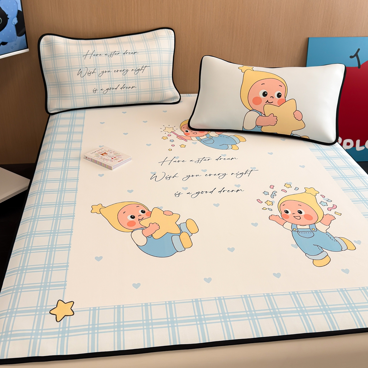 91家纺网 家纺一手货源 找家纺 懒猫家纺 2026新款大版卡通云感果冻床席床笠凉席 晚安小星星-床席款