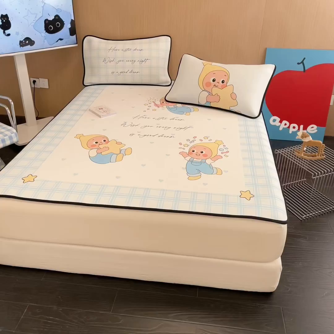 91家纺网 家纺一手货源 找家纺 懒猫家纺 2026新款大版卡通云感果冻床席床笠凉席 晚安小星星-床席款