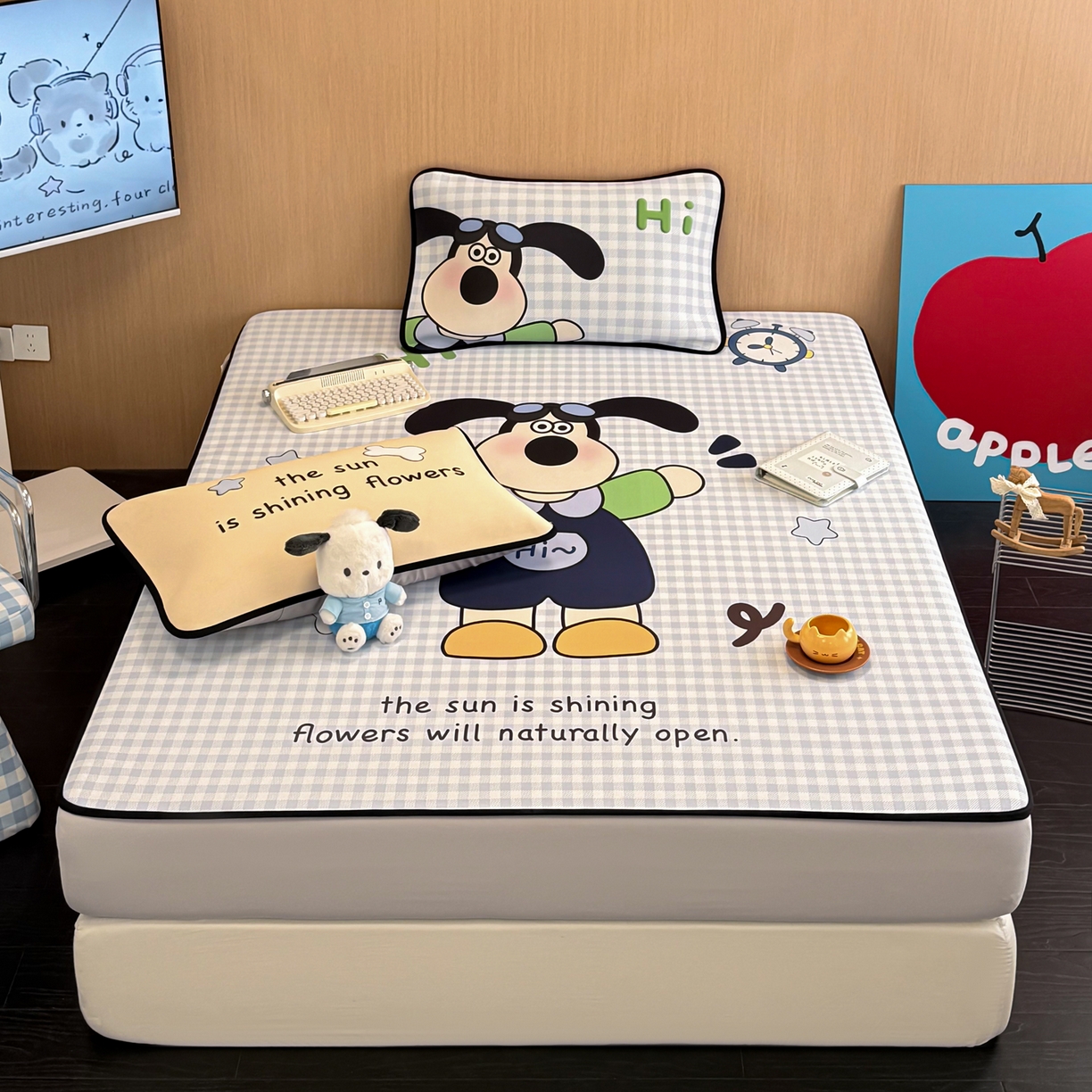 91家纺网 家纺一手货源 找家纺 懒猫家纺 2026新款大版卡通云感果冻床席床笠凉席 蓝格小狗-床笠款