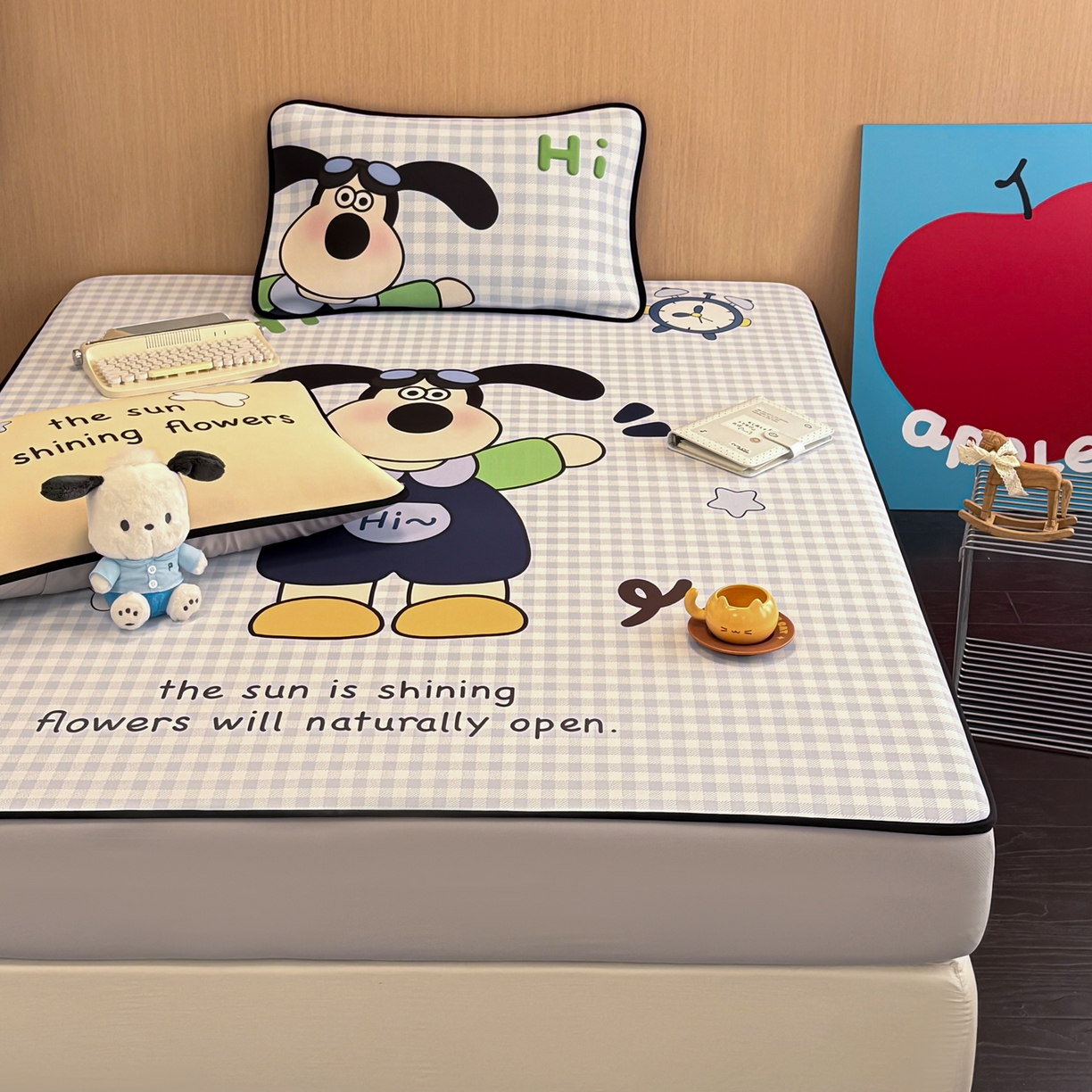 91家纺网 家纺一手货源 找家纺 懒猫家纺 2026新款大版卡通云感果冻床席床笠凉席 蓝格小狗-床笠款