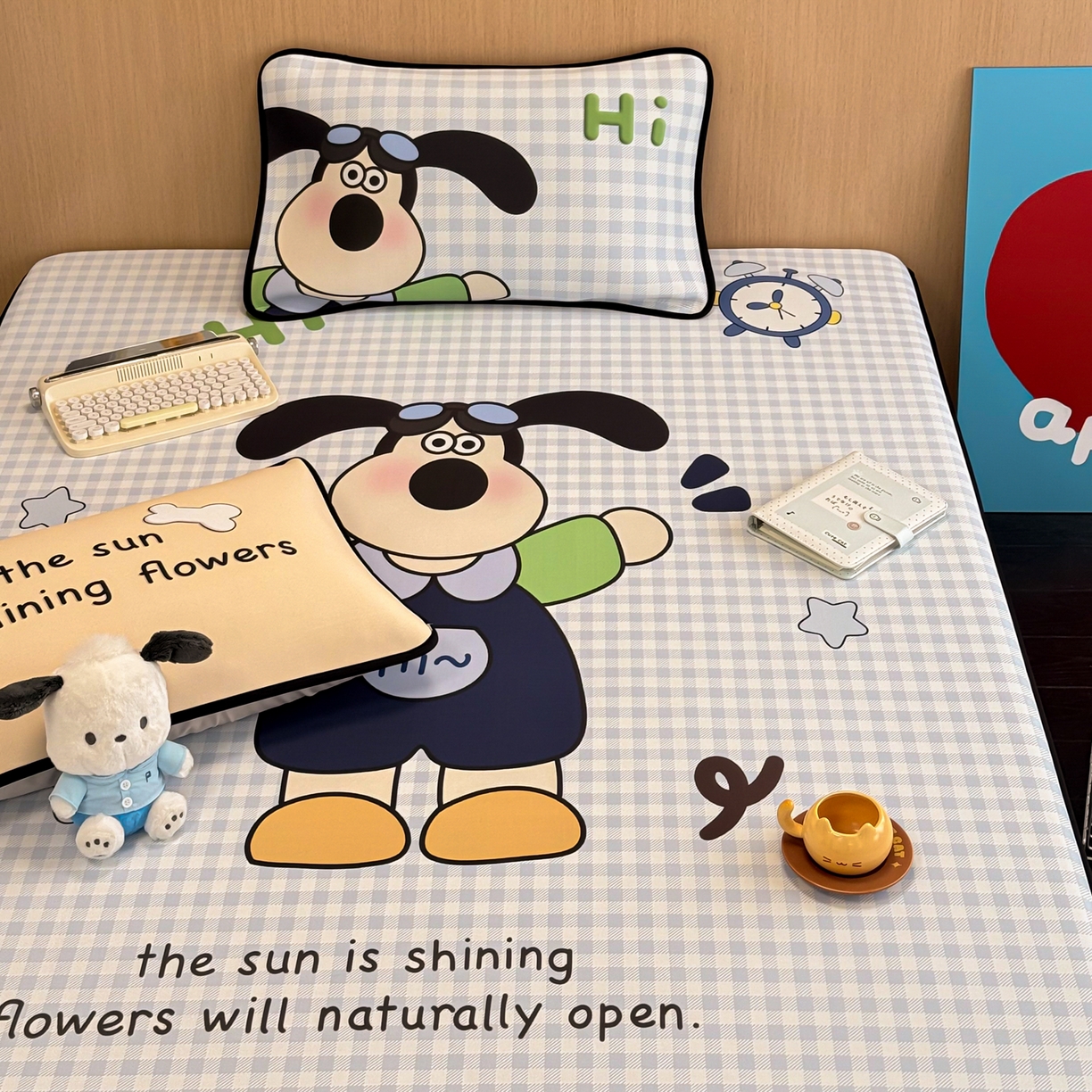 91家纺网 家纺一手货源 找家纺 懒猫家纺 2026新款大版卡通云感果冻床席床笠凉席 蓝格小狗-床笠款