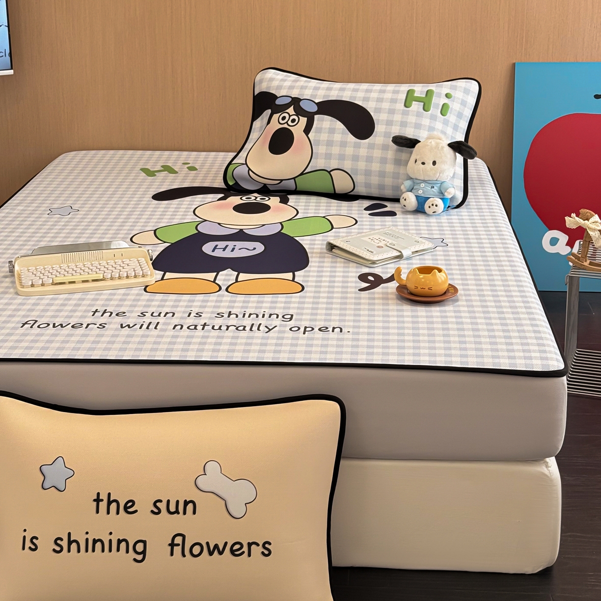 91家纺网 家纺一手货源 找家纺 懒猫家纺 2026新款大版卡通云感果冻床席床笠凉席 蓝格小狗-床笠款