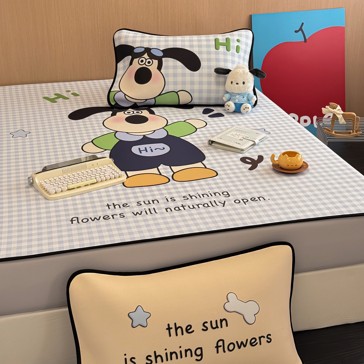 91家纺网 家纺一手货源 找家纺 懒猫家纺 2026新款大版卡通云感果冻床席床笠凉席 蓝格小狗-床笠款