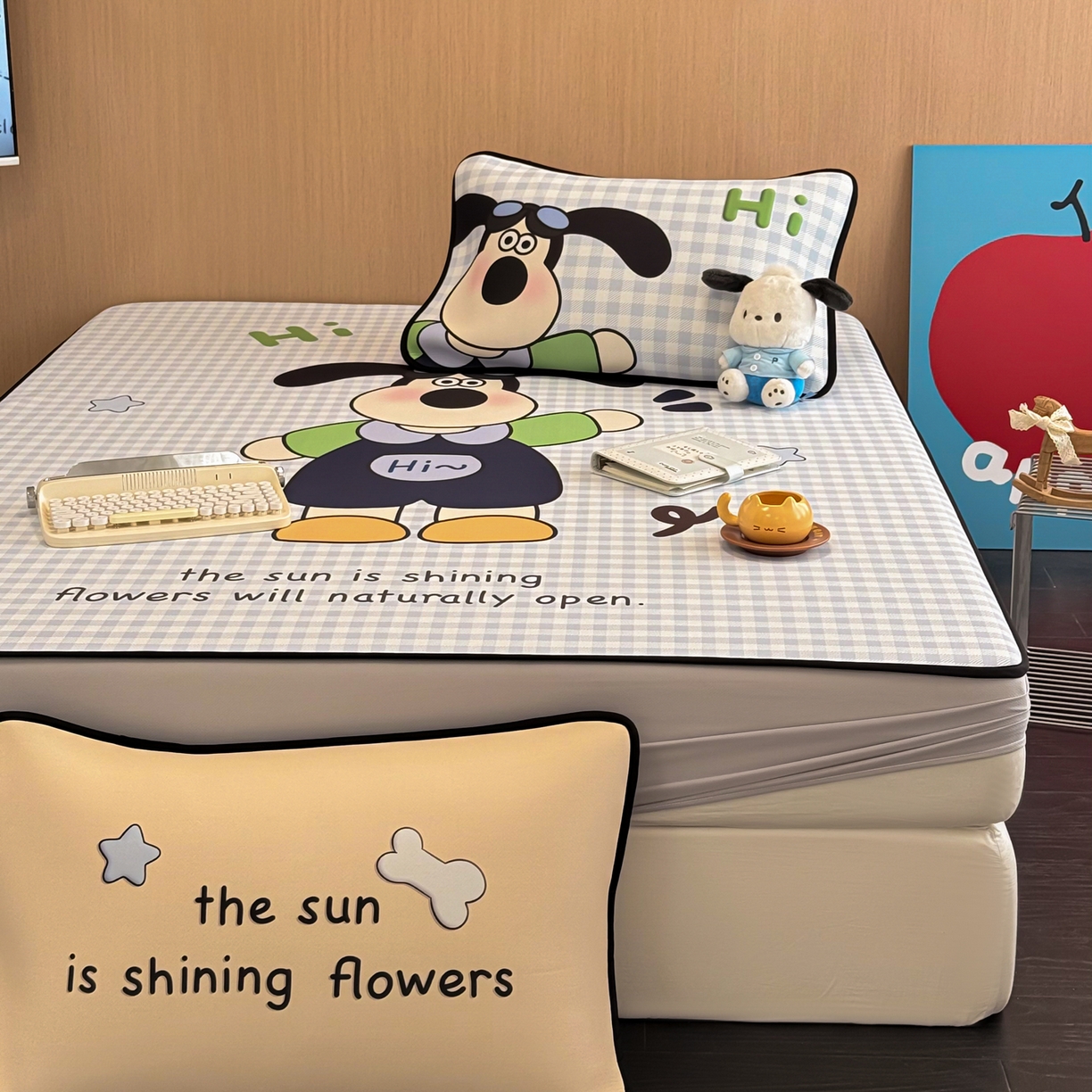 91家纺网 家纺一手货源 找家纺 懒猫家纺 2026新款大版卡通云感果冻床席床笠凉席 蓝格小狗-床笠款