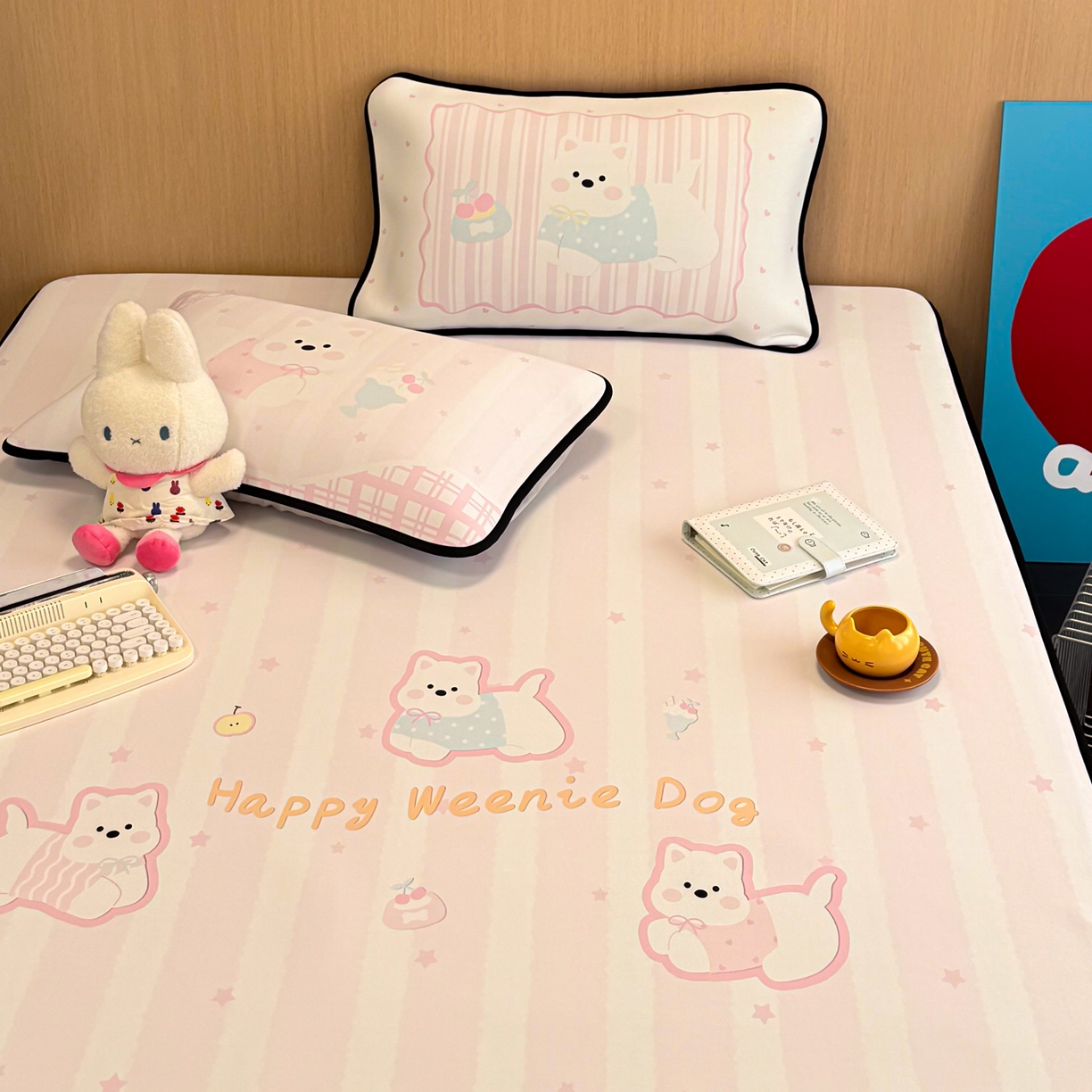 91家纺网 家纺一手货源 找家纺 懒猫家纺 2026新款大版卡通云感果冻床席床笠凉席 蜜桃汪星-床笠款