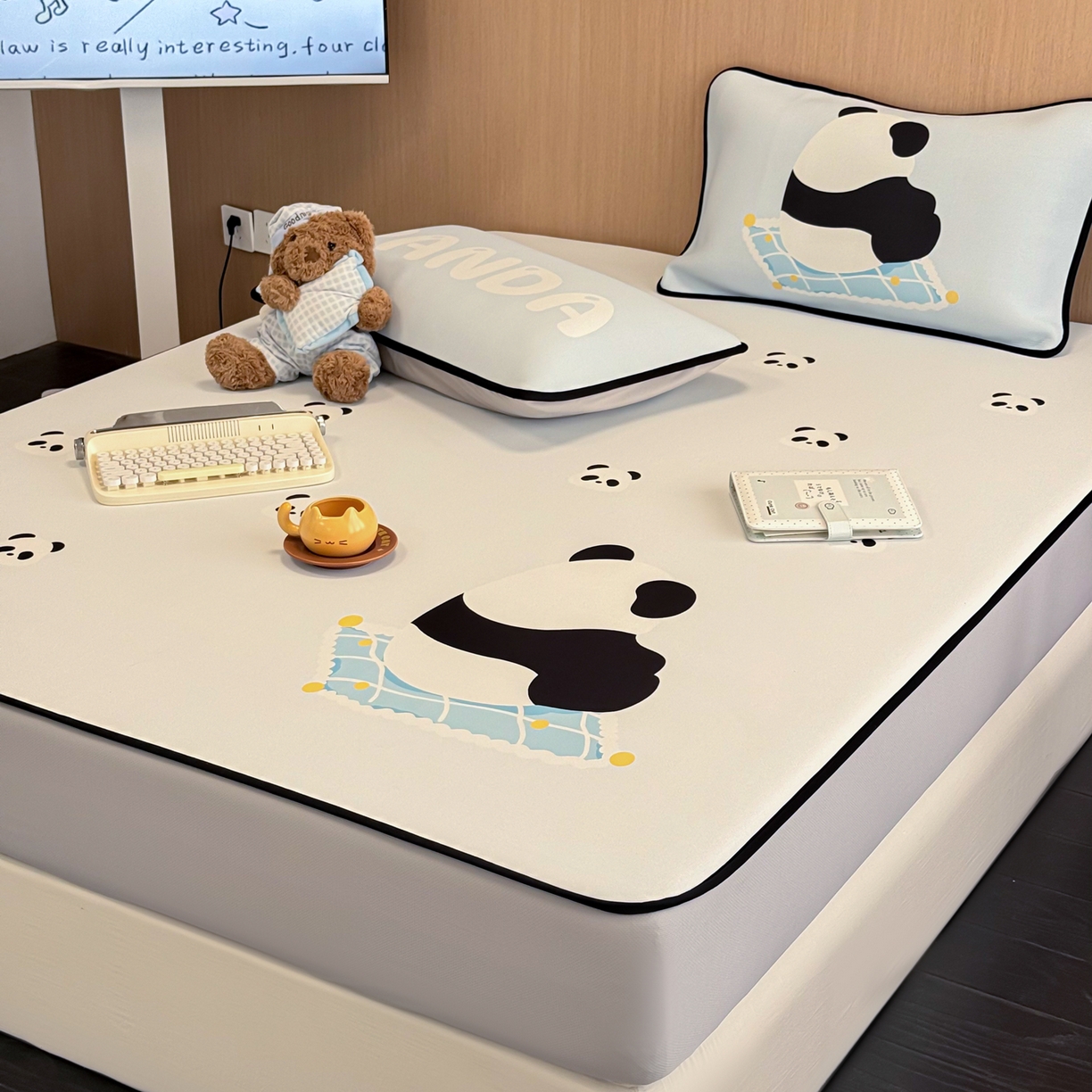 91家纺网 家纺一手货源 找家纺 懒猫家纺 2026新款大版卡通云感果冻床席床笠凉席 奶白团团-床笠款