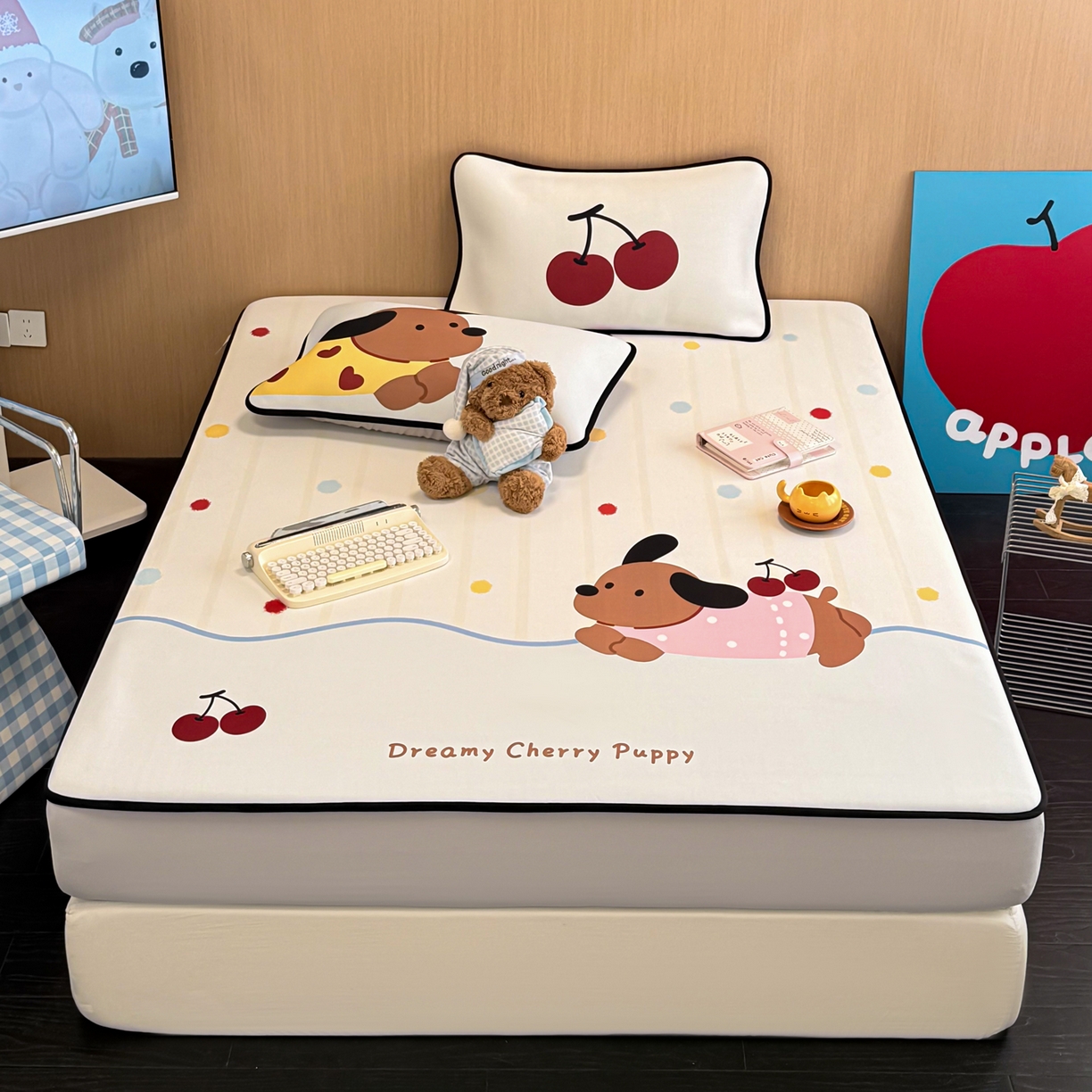 91家纺网 家纺一手货源 找家纺 懒猫家纺 2026新款大版卡通云感果冻床席床笠凉席 糖豆狗狗-床笠款