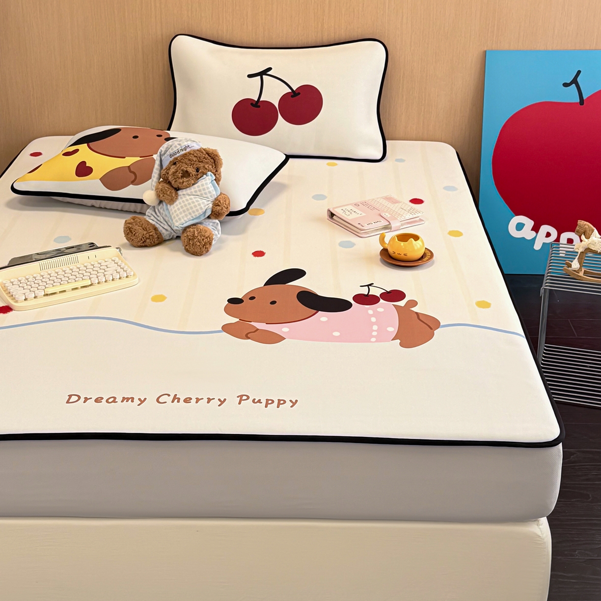 91家纺网 家纺一手货源 找家纺 懒猫家纺 2026新款大版卡通云感果冻床席床笠凉席 糖豆狗狗-床笠款