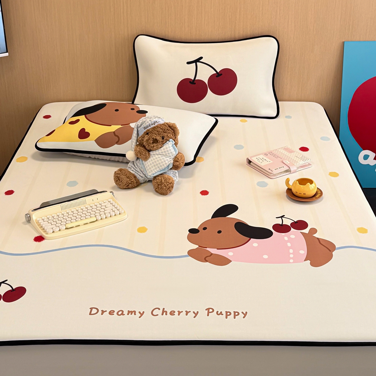 91家纺网 家纺一手货源 找家纺 懒猫家纺 2026新款大版卡通云感果冻床席床笠凉席 糖豆狗狗-床笠款