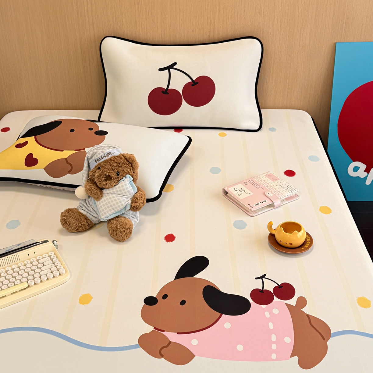 91家纺网 家纺一手货源 找家纺 懒猫家纺 2026新款大版卡通云感果冻床席床笠凉席 糖豆狗狗-床笠款