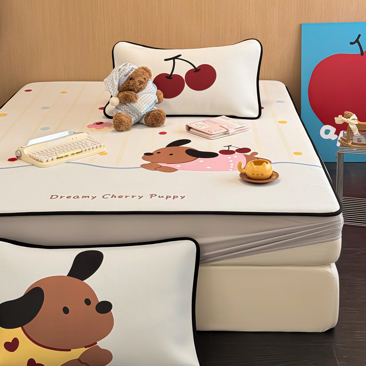 91家纺网 家纺一手货源 找家纺 懒猫家纺 2026新款大版卡通云感果冻床席床笠凉席 糖豆狗狗-床笠款