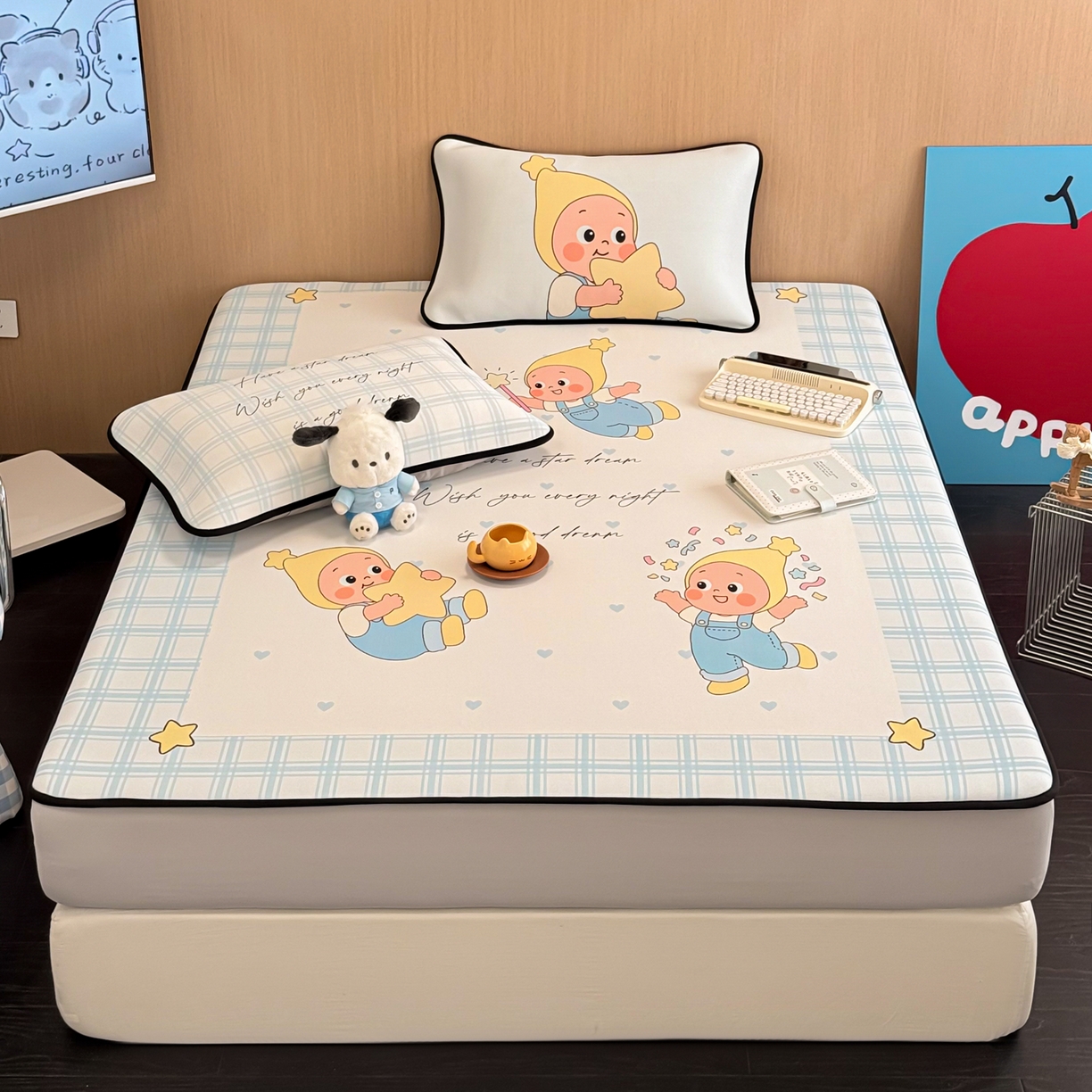 91家纺网 家纺一手货源 找家纺 懒猫家纺 2026新款大版卡通云感果冻床席床笠凉席 晚安小星星-床笠款