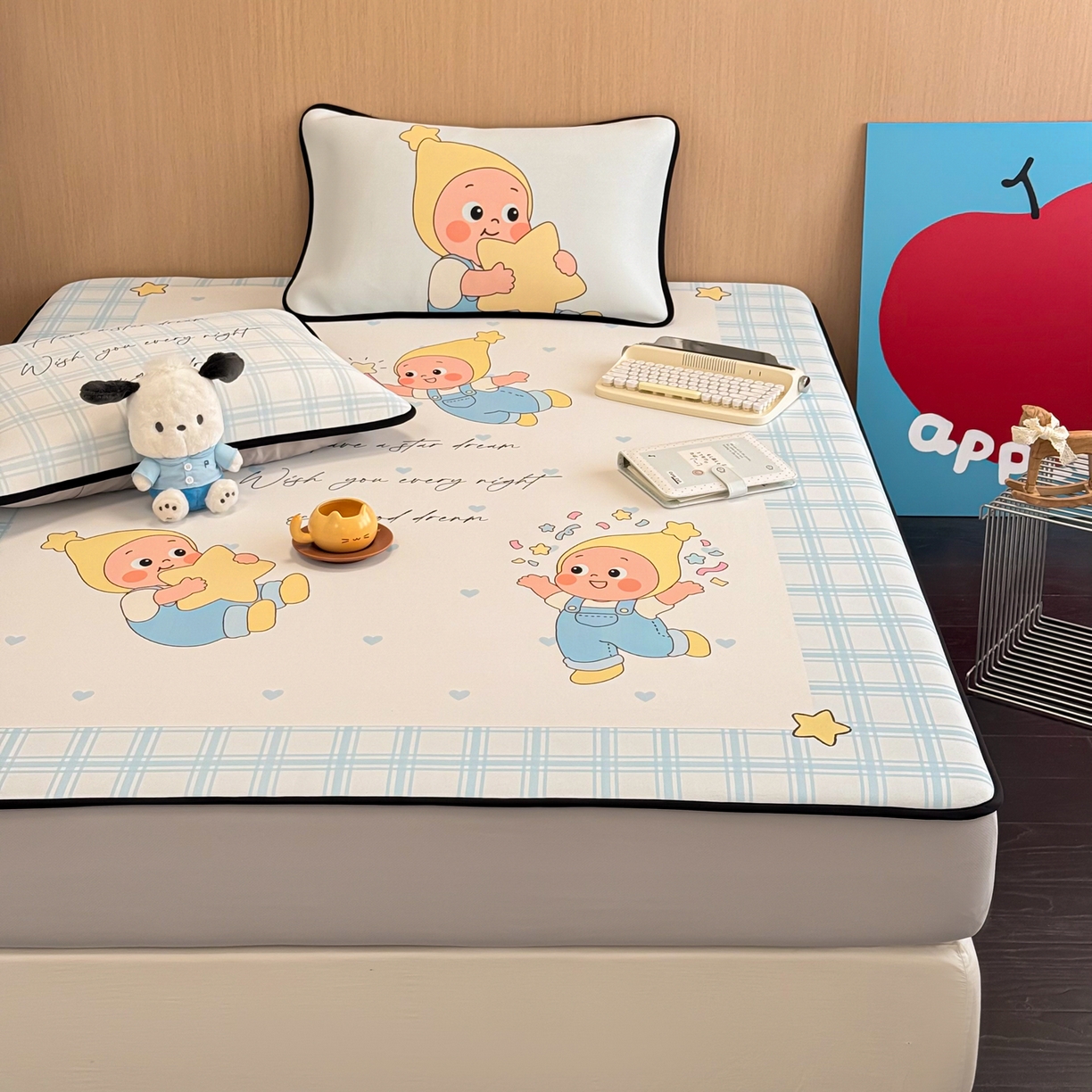 91家纺网 家纺一手货源 找家纺 懒猫家纺 2026新款大版卡通云感果冻床席床笠凉席 晚安小星星-床笠款