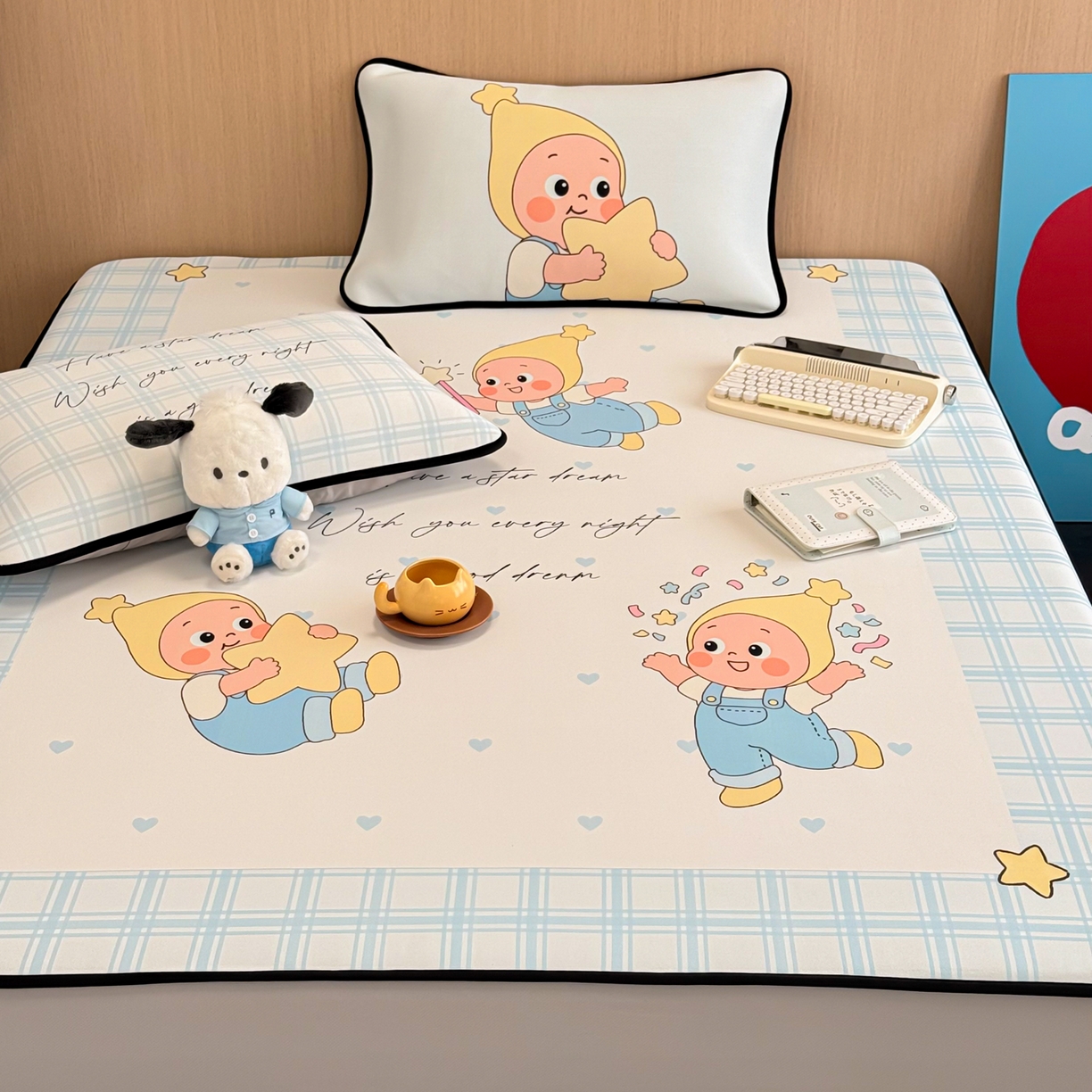 91家纺网 家纺一手货源 找家纺 懒猫家纺 2026新款大版卡通云感果冻床席床笠凉席 晚安小星星-床笠款