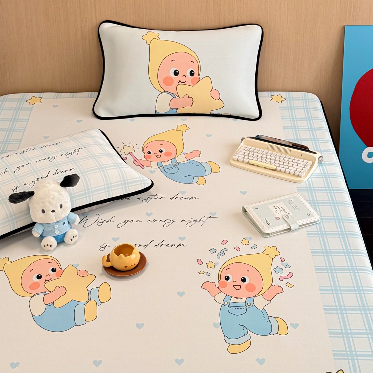 91家纺网 家纺一手货源 找家纺 懒猫家纺 2026新款大版卡通云感果冻床席床笠凉席 晚安小星星-床笠款