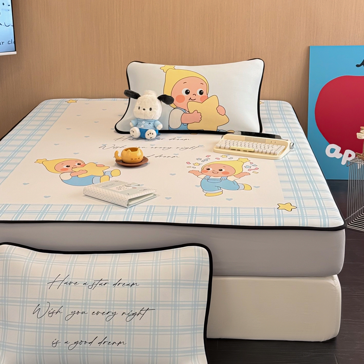 91家纺网 家纺一手货源 找家纺 懒猫家纺 2026新款大版卡通云感果冻床席床笠凉席 晚安小星星-床笠款