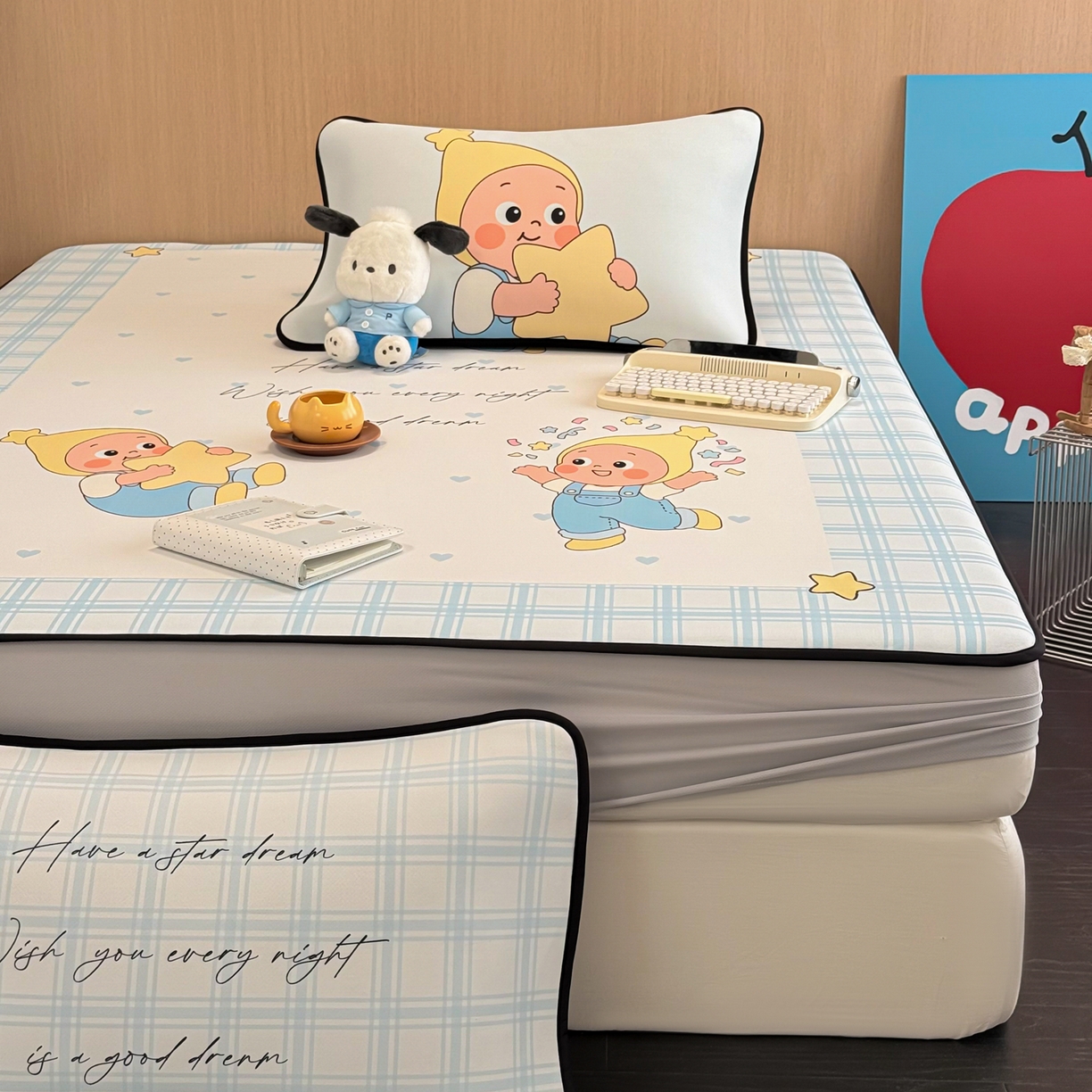 91家纺网 家纺一手货源 找家纺 懒猫家纺 2026新款大版卡通云感果冻床席床笠凉席 晚安小星星-床笠款