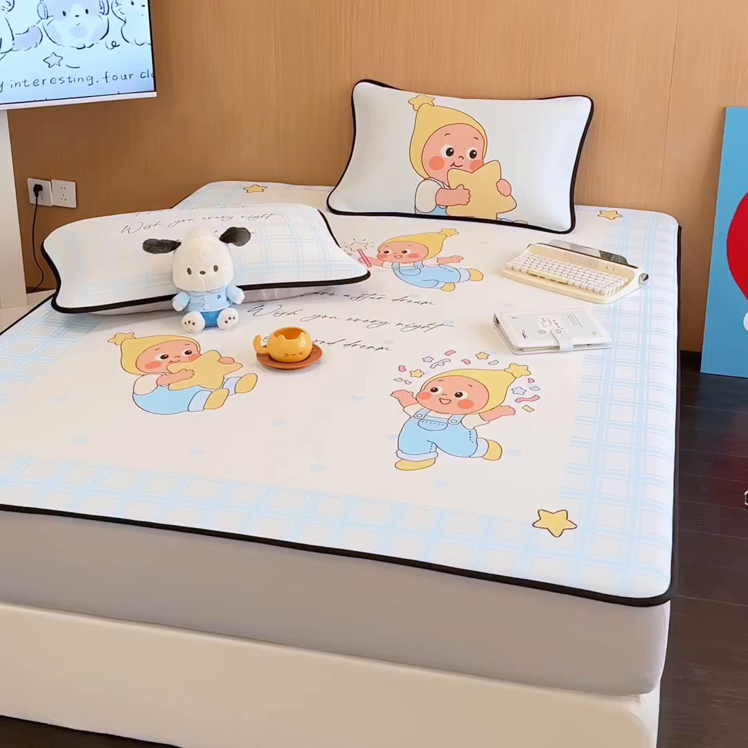 91家纺网 家纺一手货源 找家纺 懒猫家纺 2026新款大版卡通云感果冻床席床笠凉席 晚安小星星-床笠款