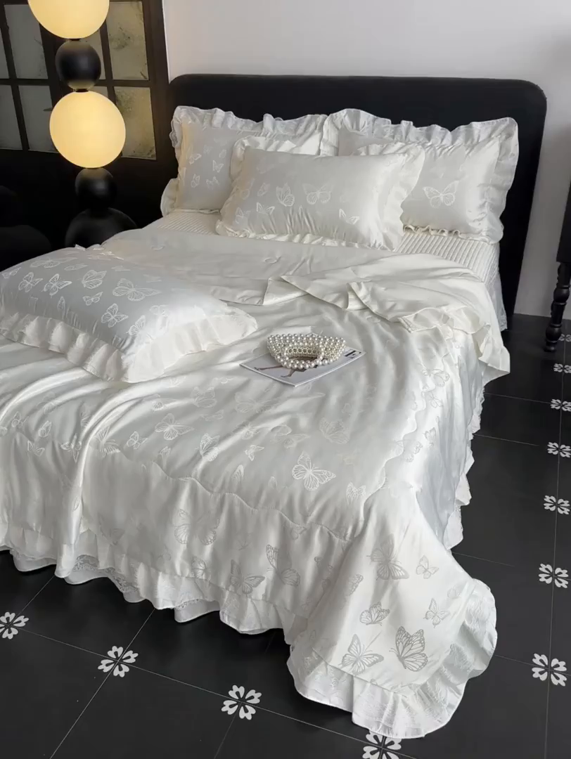 91家纺网 家纺一手货源 找家纺 （总）富米莱（原臻工厂） 2026新款花边蕾丝款水洗真丝提花床盖床单床裙夏凉被四件套