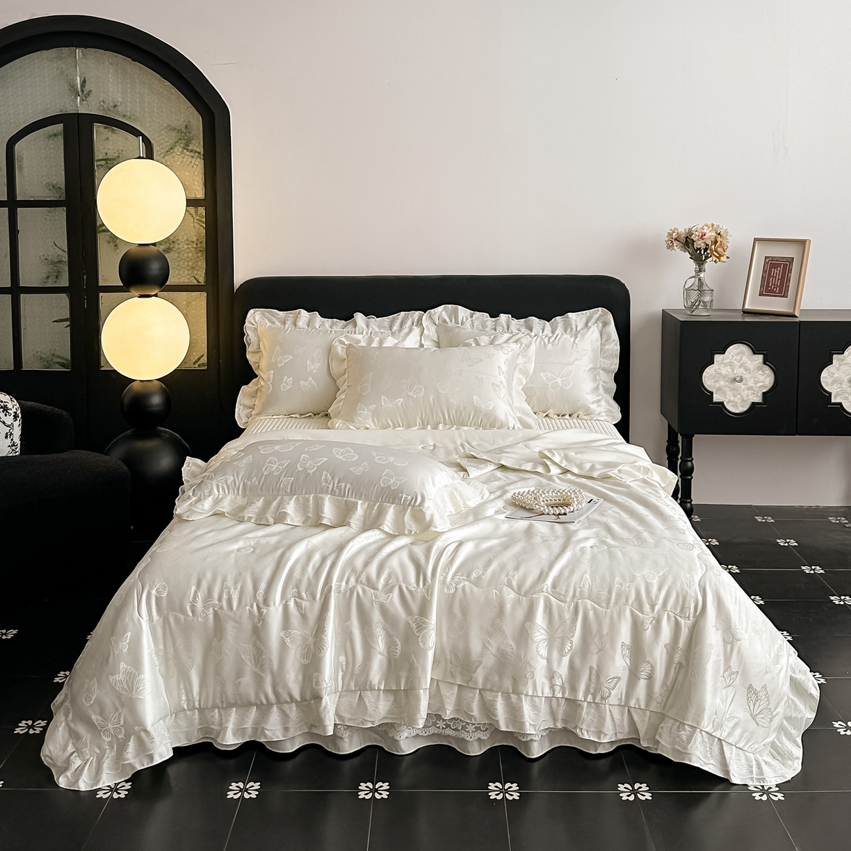 91家纺网 家纺一手货源 找家纺 （总）富米莱（原臻工厂） 2026新款花边蕾丝款水洗真丝提花床盖床单床裙夏凉被四件套