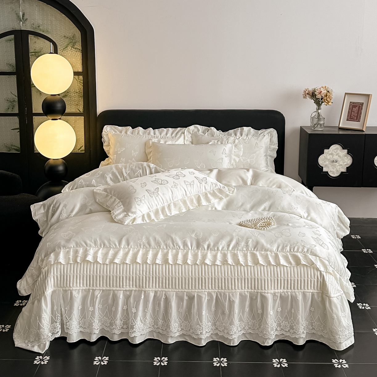 91家纺网 家纺一手货源 找家纺 （总）富米莱（原臻工厂） 2026新款花边蕾丝款水洗真丝提花床盖床单床裙夏凉被四件套