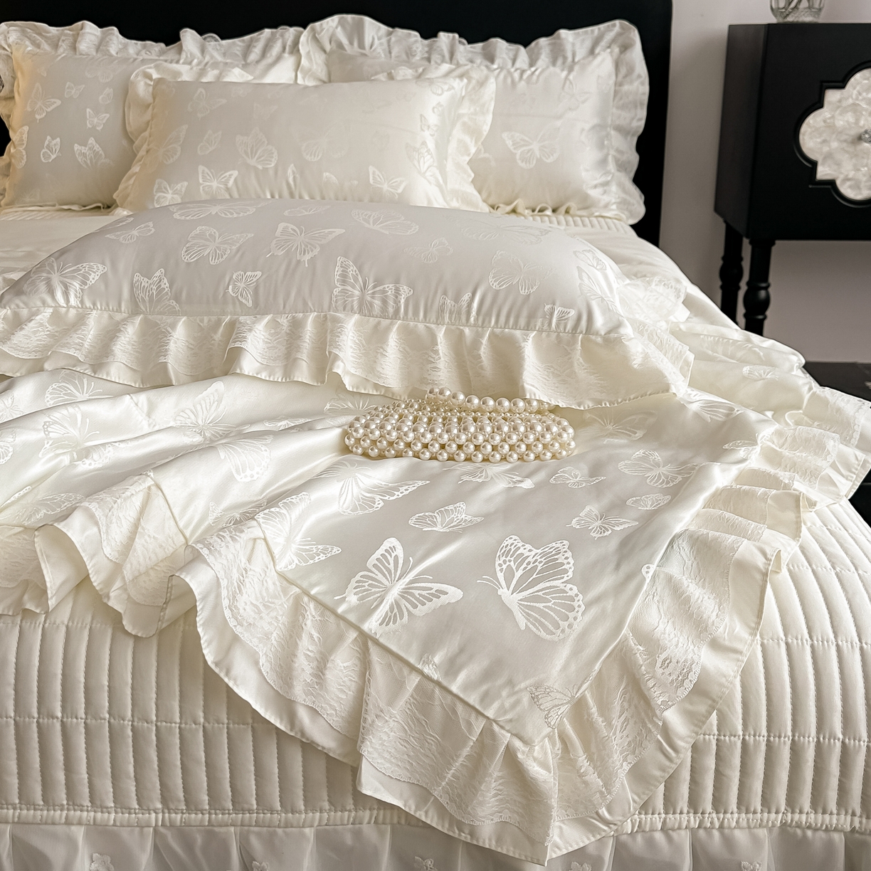 91家纺网 家纺一手货源 找家纺 富米莱（原臻工厂） 2026新款花边蕾丝款水洗真丝提花床盖床单床裙夏凉被四件套 蝶舞白