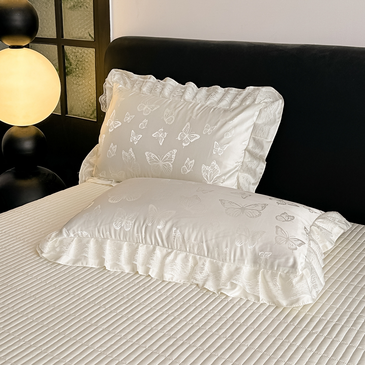 91家纺网 家纺一手货源 找家纺 富米莱（原臻工厂） 2026新款花边蕾丝款水洗真丝提花床盖床单床裙夏凉被四件套 蝶舞白