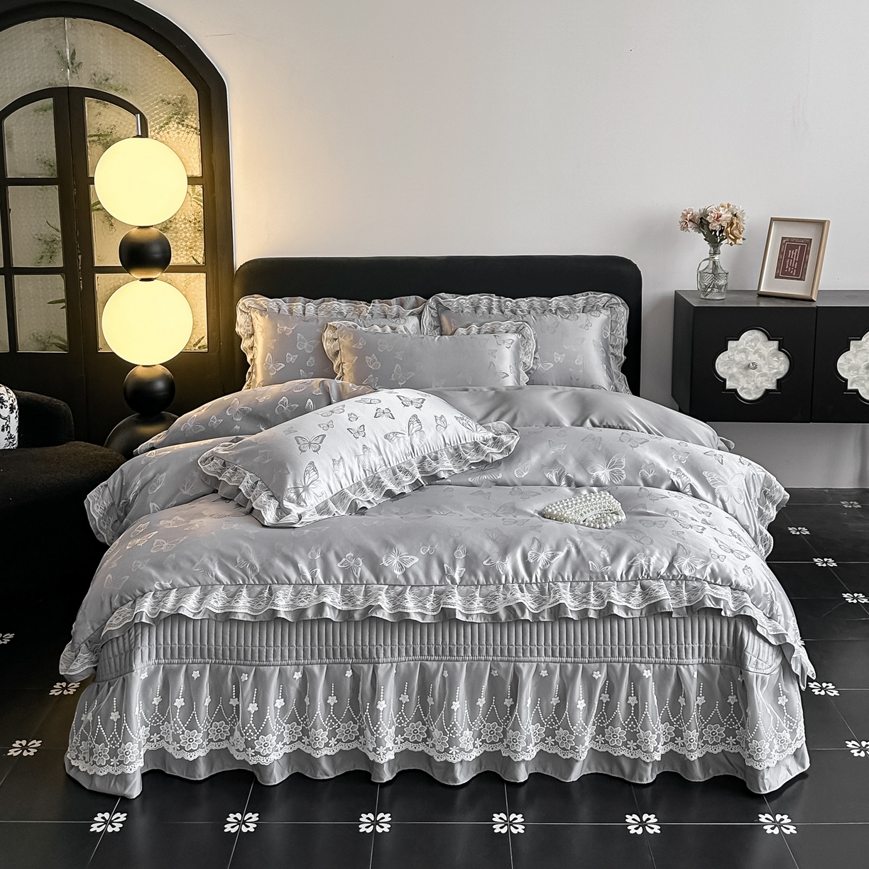 富米莱（原臻工厂） 2026新款花边蕾丝款水洗真丝提花床盖床单床裙夏凉被四件套 蝶舞灰